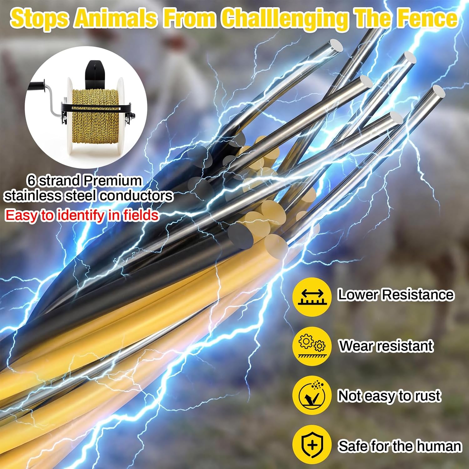 Electric Fence Reel Kit with 3281 ft Polywire, 3:1 Geared Fence Reel with 6 Stainless Steel Conductors, Pre-spooled Electric Wire for Temporary Fencing, Livestock, Rotational Grazing