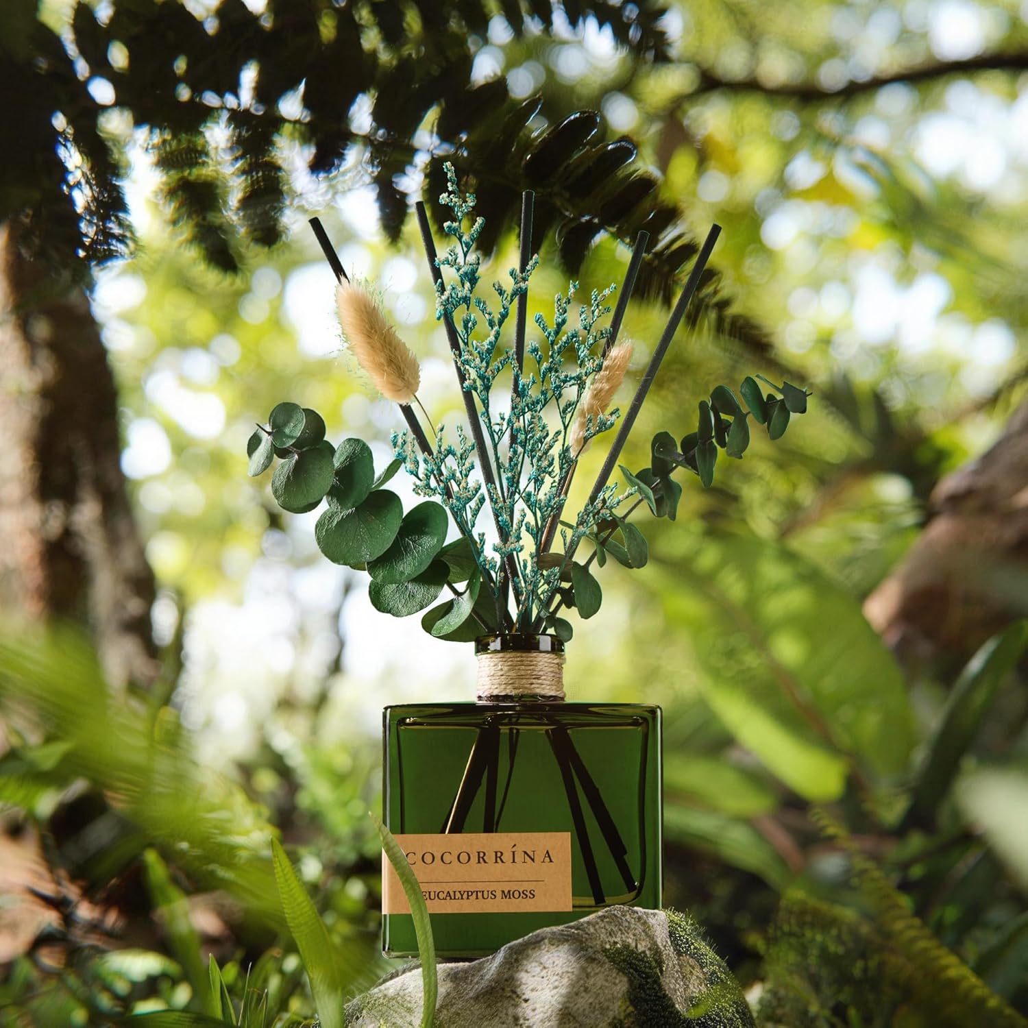 COCORRÍNA Reed Diffuser, 6.76 oz Eucalyptus Moss Scent Reed Diffuser with 6 Sticks & Dried Flowers, Long Lasting Elegant Fragrance Home Décor for Bathroom Bedroom Office