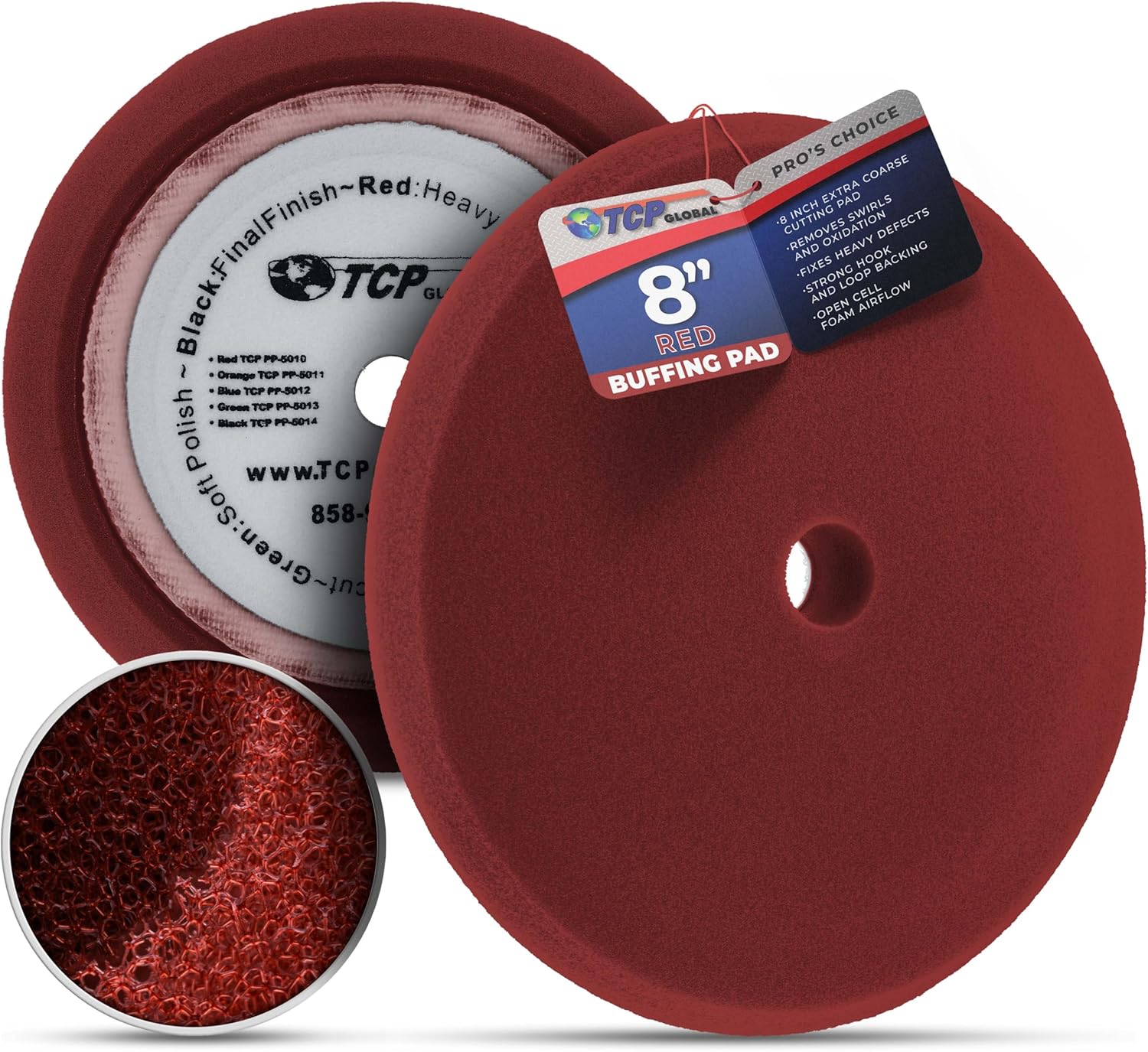 TCP Global 8" Black Foam Buffing Pad Extra Fine Finishing Polish Hook and Loop Backing - Buffing Pad for Automotive, Marine, Truck, RV & Compound Cutting