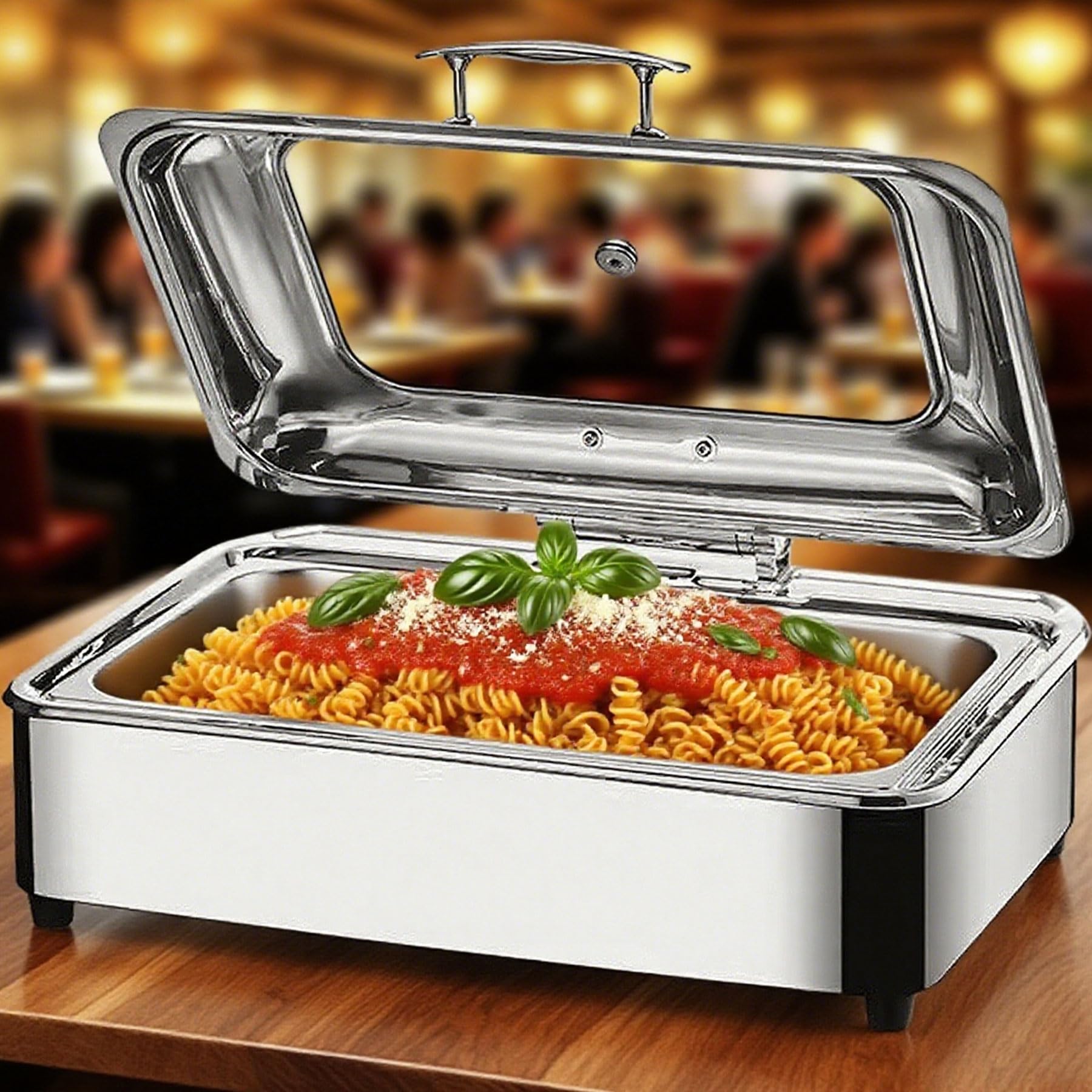 Chafing Dish Elettrico, 9L Scaldavivande Commerciale Contenitore Scalda Cibo Acciaio Inox con on Coperchio in Vetro Trasparente, Scaldavivande Elettrico per Buffet e Feste (GN1/1)