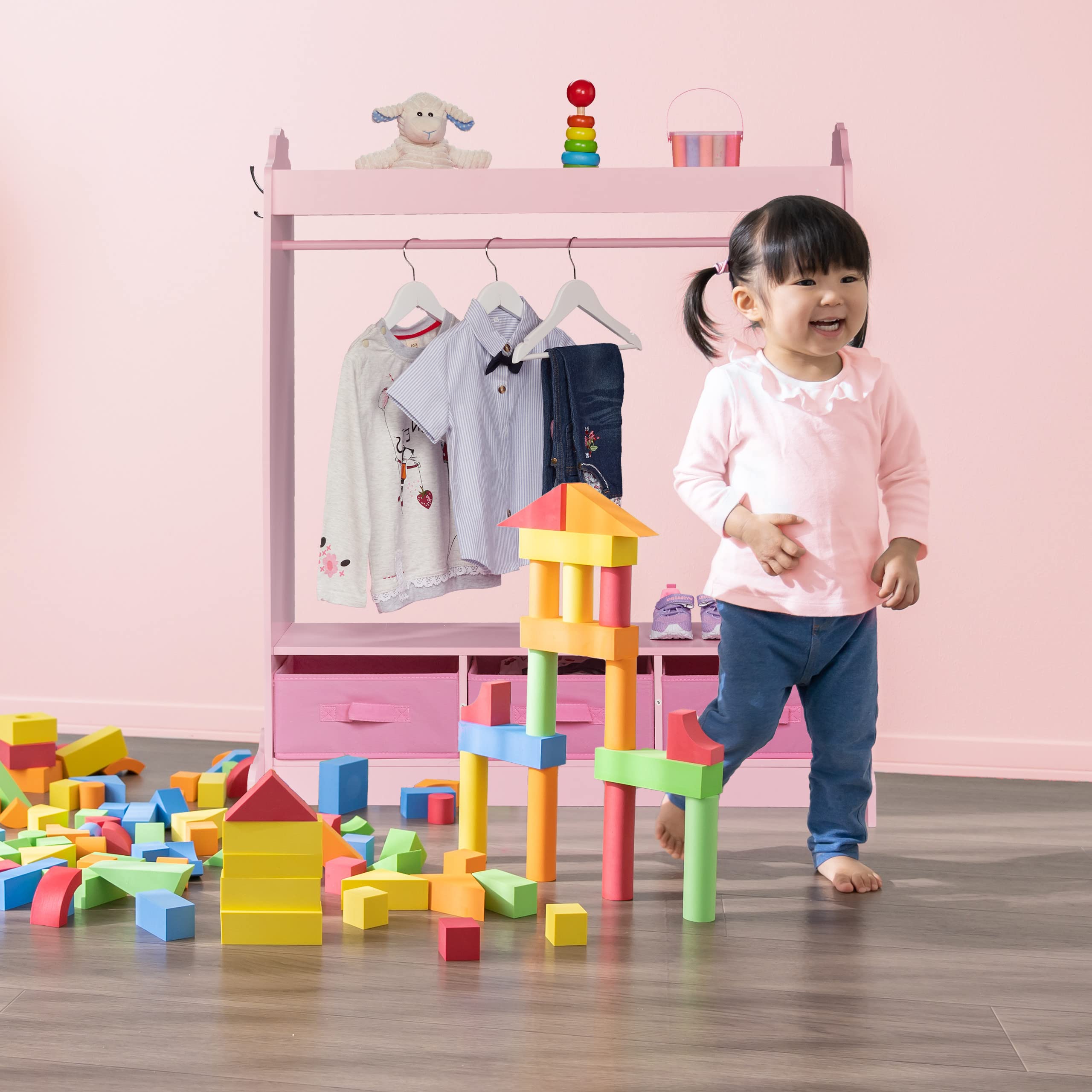 Relaxdays Perchero Infantil, 5 Compartimentos, Colgador de Ropa Niñas, con Gancho y Espejo, 107 x 97,5 x 61 cm, Rosa