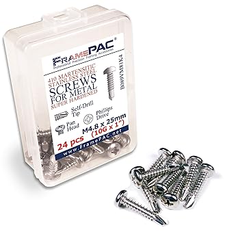 FramePac Sheet Metal Screws - Self-Drilling, Pan Head, Phillips Head, 410 Martensitic Stainless Steel, M4.8 x 25mm ( 10, 1 inch) [Pack of 24]