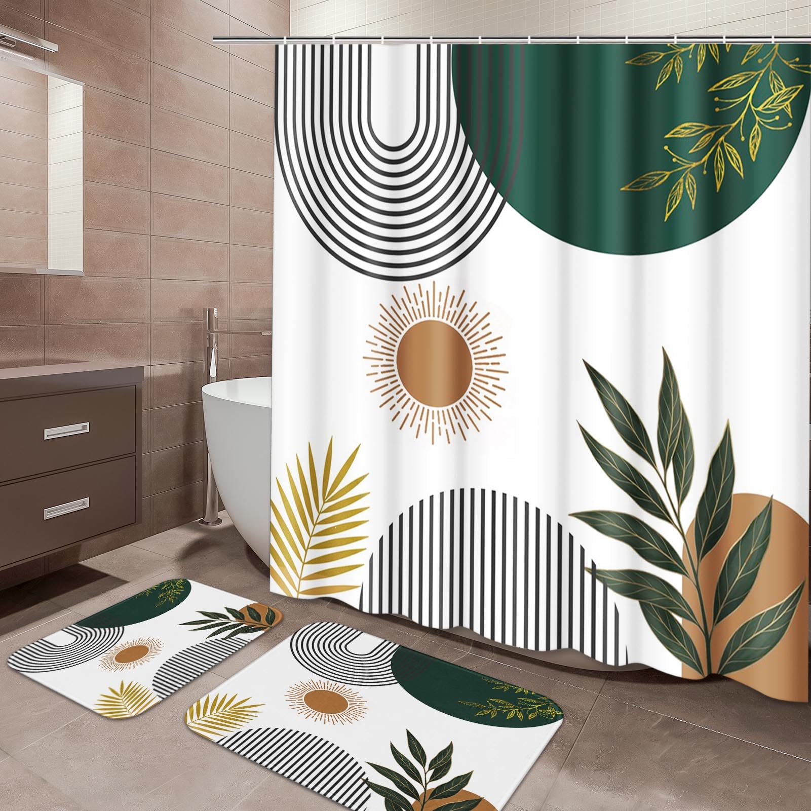 ArtSocket Mid Century Green Boho Bathroom Set with Shower Curtain and Bath Rugs and Accessories,Abstract Sun Arch Curve Leaves Geometric Non-Slip