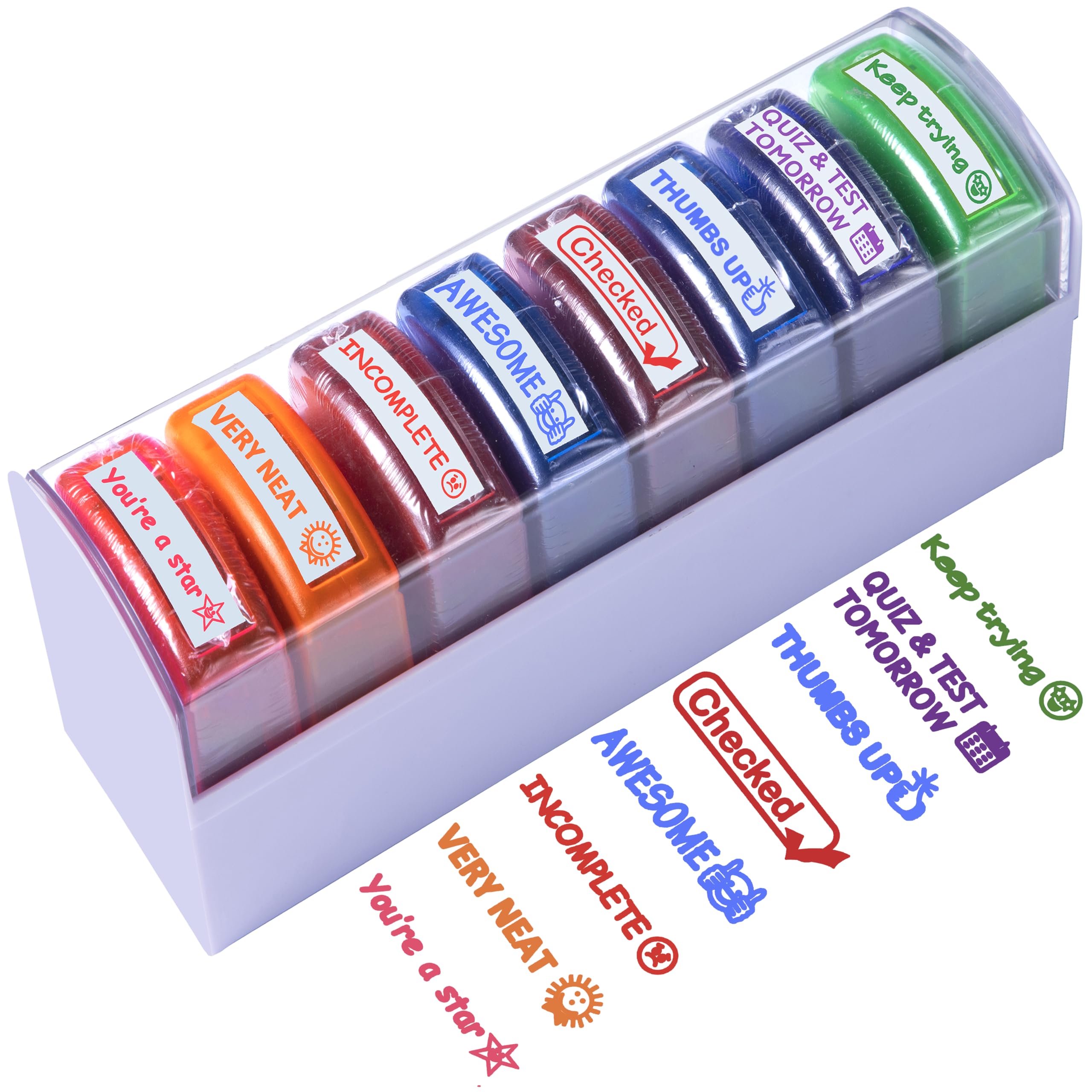 Tickselect Teacher Stamps for Classroom Grading 8PCS - Rectangular Self Inking Colorful Set for Teachers Gifts with Motivational Encouraging Messages -Homeschool & Teacher Supplies