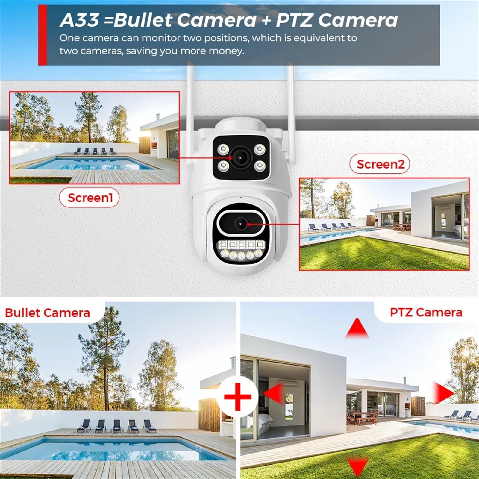 Kamera bezpieczeństwa, Kamera Wi-Fi 8 MP PTZ 4K Zewnętrzny podwójny ekran Automatyczne śledzenie Noktowizor 4 Ochrona bezpieczeństwa IP Audio P2P(4MP NO SD Card)