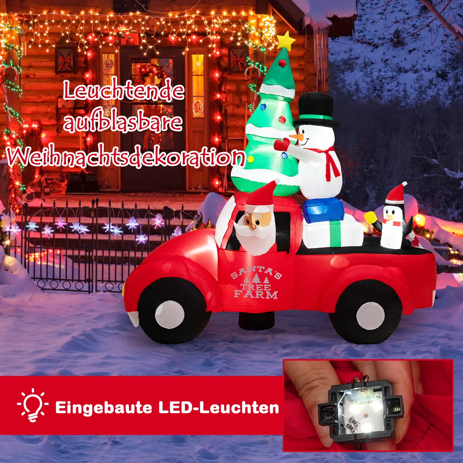 GYMAX 240 cm hohe Aufblasbare Weihnachtsdeko mit 7 LED-Leuchten, Selbstaufblasender Weihnachtsmann in einem Auto mit Weihnachtsbaum, Schneemann, Geschenken & Pinguinen