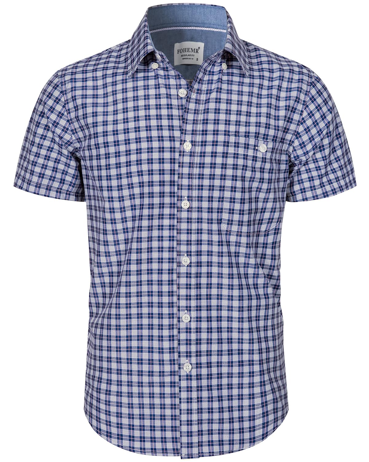 Mens Plaid Short Sleeve Dress Shirt Summer Casual Wrinkle-Free Cotton Button Down Gingham Shirt with Pocket