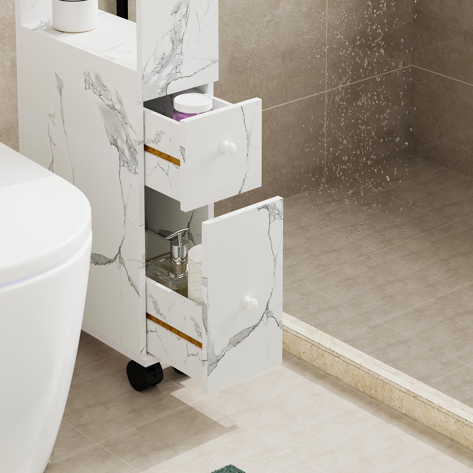 [en.casa] Mobile da Bagno Stretto a Rotelle con 2 Cassetti e Scomparto Aperto Armadietto Estraibile Multiuso per Cucina Lavanderia Ufficio 66 x 15 x 33 cm - Effetto Marmo Bianco