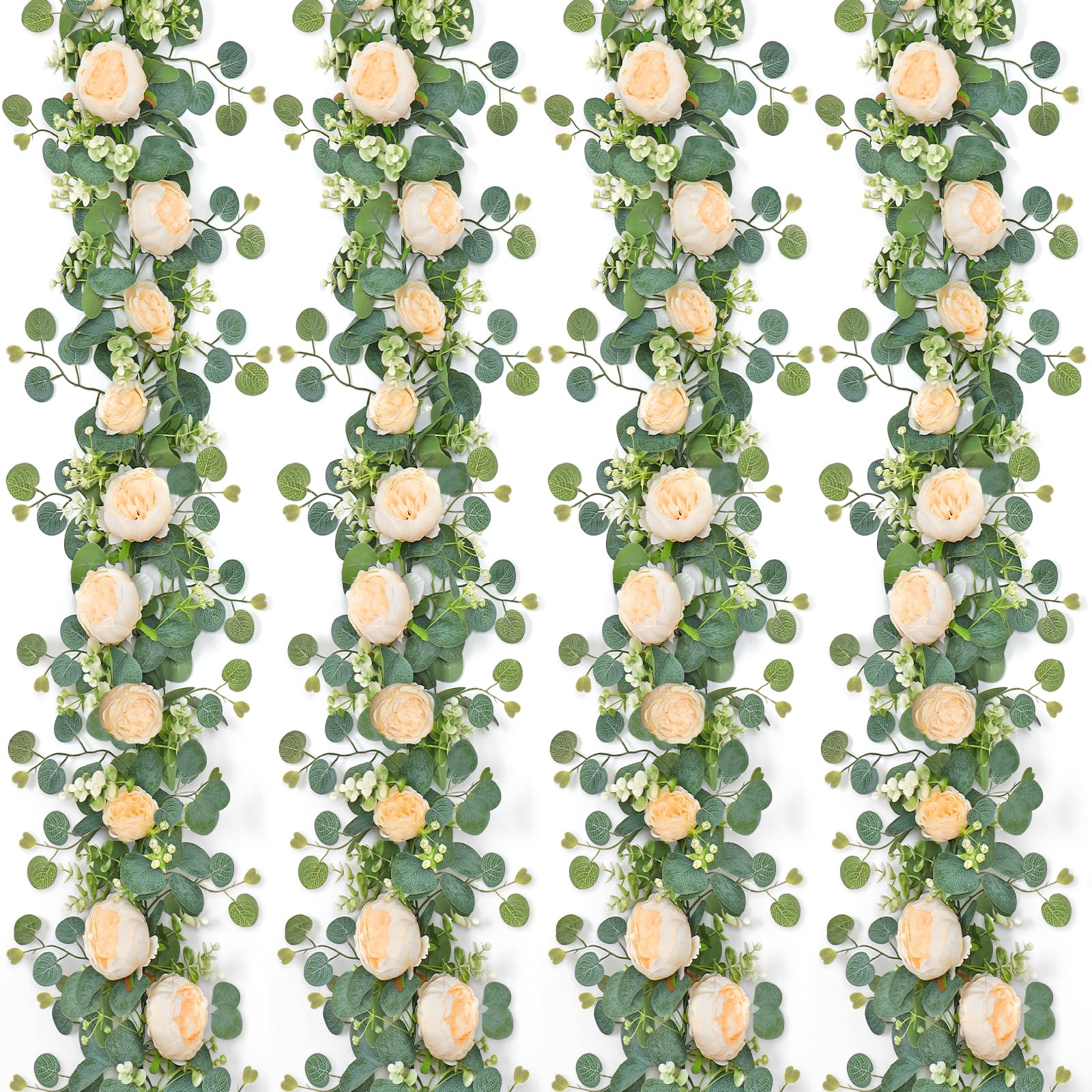 Künstliche Eukalyptus-Blumengirlande mit künstlichen Rosen, Samen, Eukalyptusblättern, grüne Girlande für Hochzeit, Tischhintergrund, Party, Tafelaufsatz, Raumdekoration, Champagner, 4 Stück