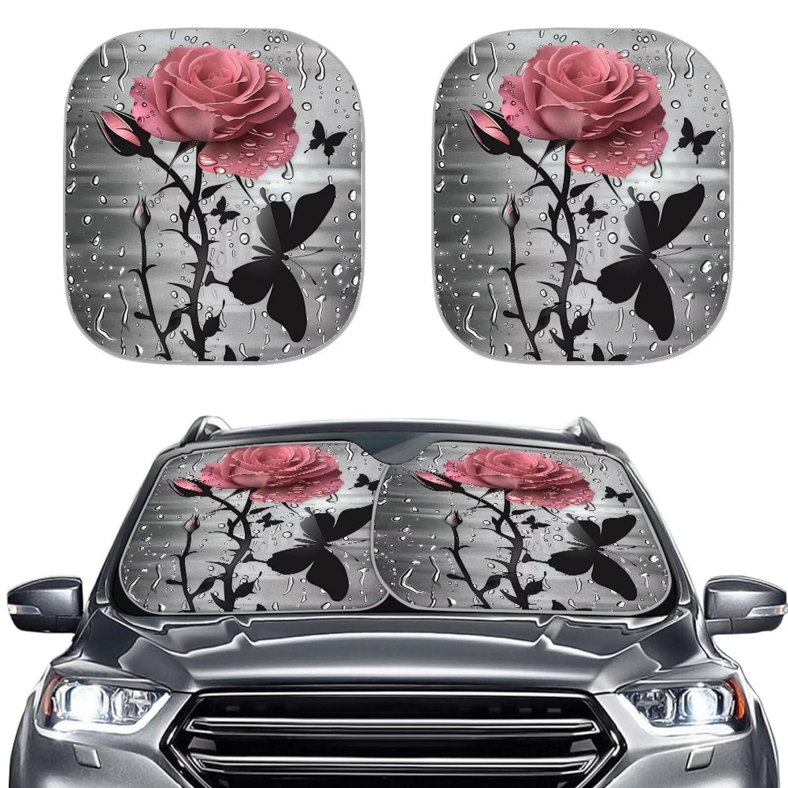 Gothic Rose Car Windshield Sun Shade Front Window Windshield Blocks UV Rays Sun Visor Protector Sunshade Fit All Kinds of Automo-Bile Front Windshield Driver Best Gift, Medium