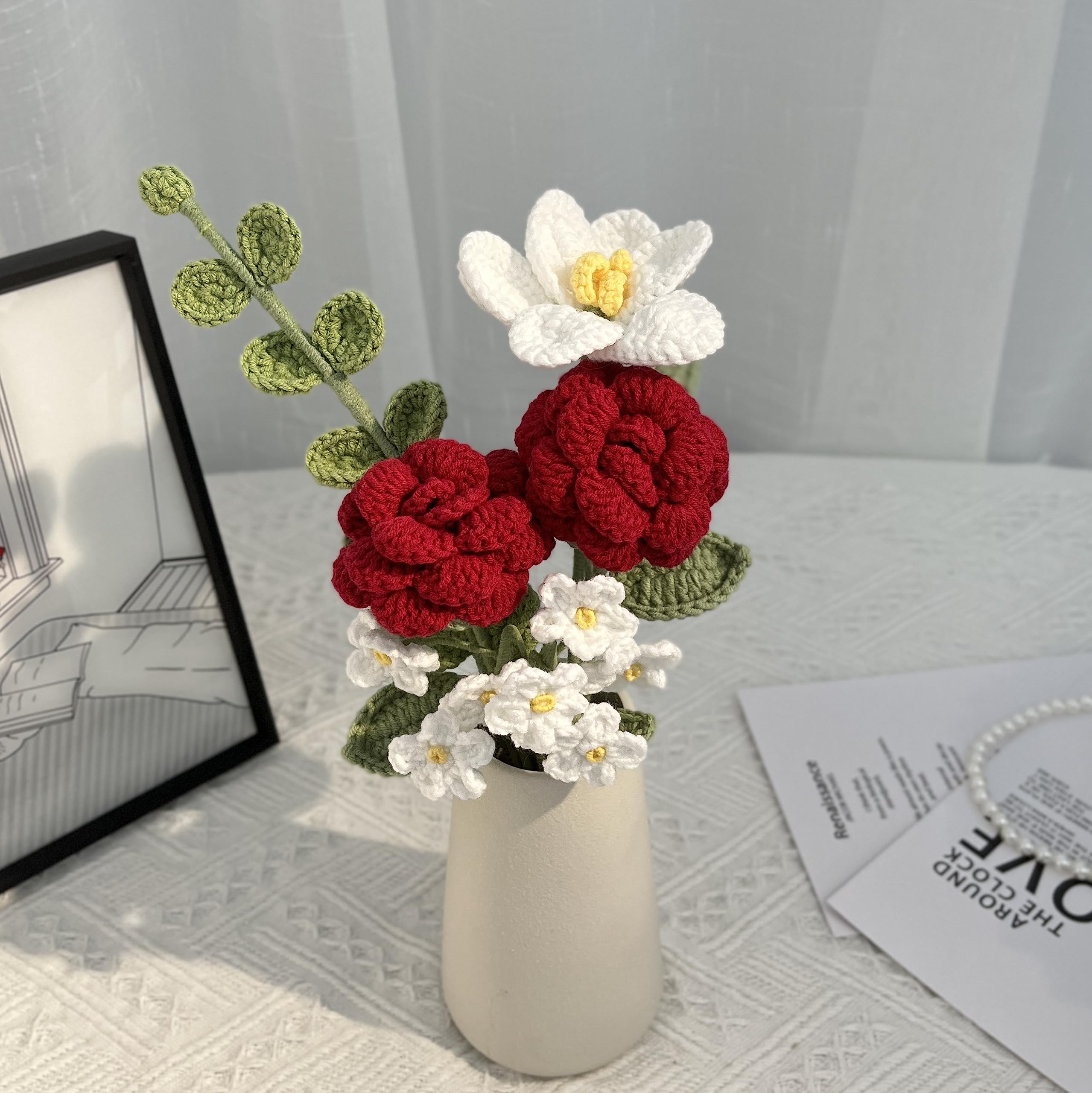 JOMODECOR Handmade Crochet Rose Tulip Forget-Me-Not Bouquet