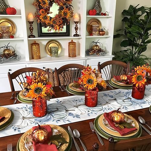 Miniatura 4 de Camino de mesa de otoño con calabaza azul, cosecha de Acción de Gracias, calabazas blancas y azules, de madera, algodón, lino, bufanda, cocina, mesa