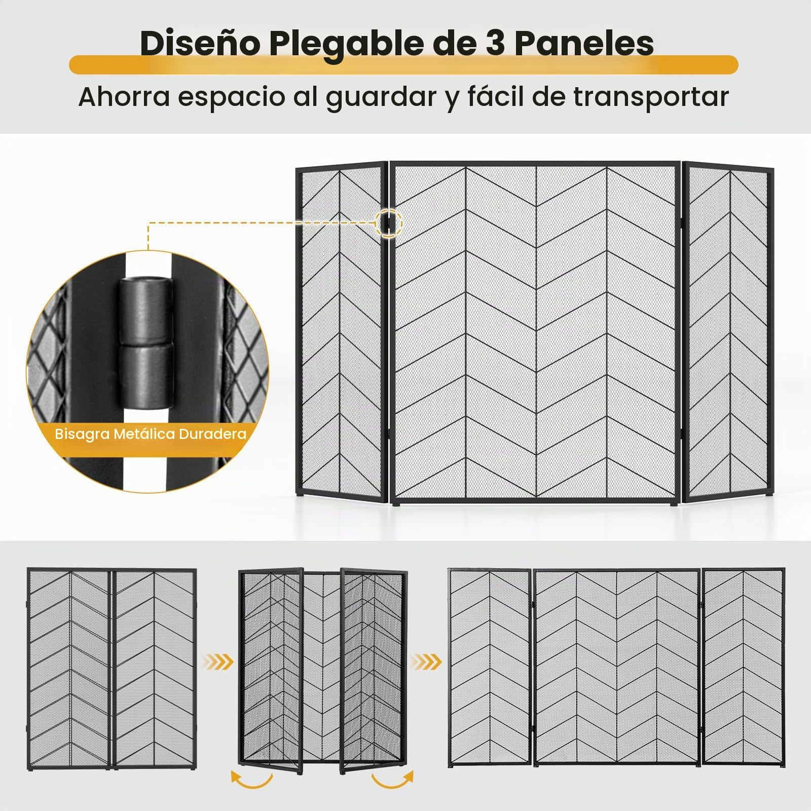 GIANTEX Pantalla de Chimenea Plegable con 3 Paneles, 132 x 79 cm, Salvachispas Chimenea de Metal para Aislamiento de Chispas y Cenizas, Rejilla Protector de Chimenea para Niños y Mascotas (Cinta)
