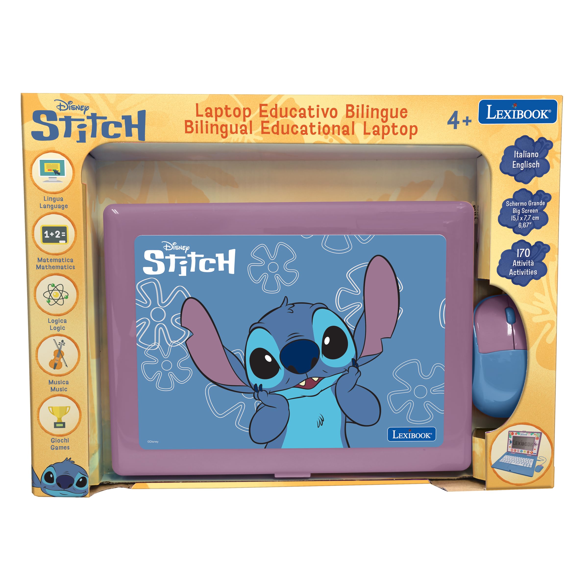 Lexibook, Disney Stitch, Computer educativo bilingue Stitch con 170 attività Inglese/Italiano, JC599Di5
