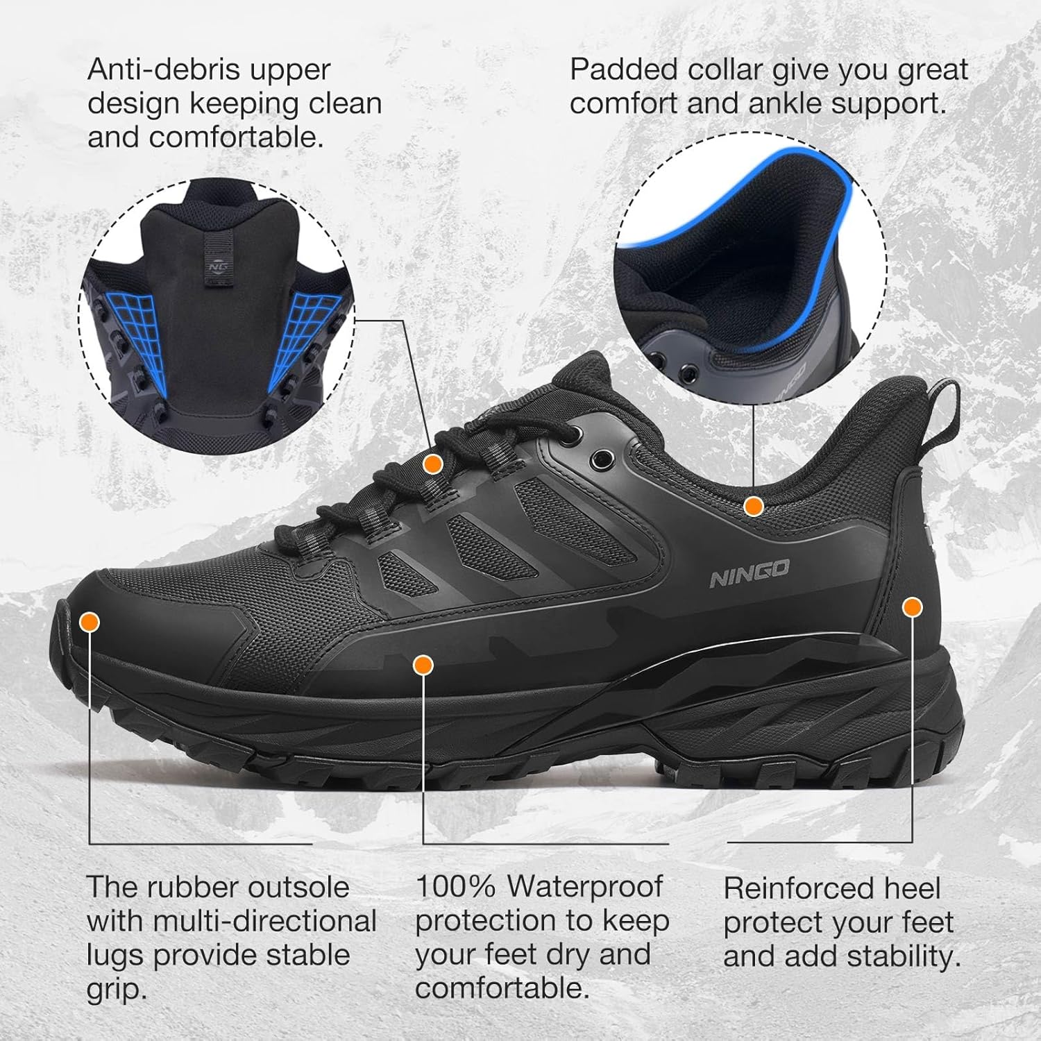 NINGO Mens Waterproof Hiking Shoes, Low Top Non Slip Trekking Hiking Sneakers, Lightweight Breathable Outdoor Trails Shoes for Camping, Backpacking, Mountaineering, Running, Walking - Image 5