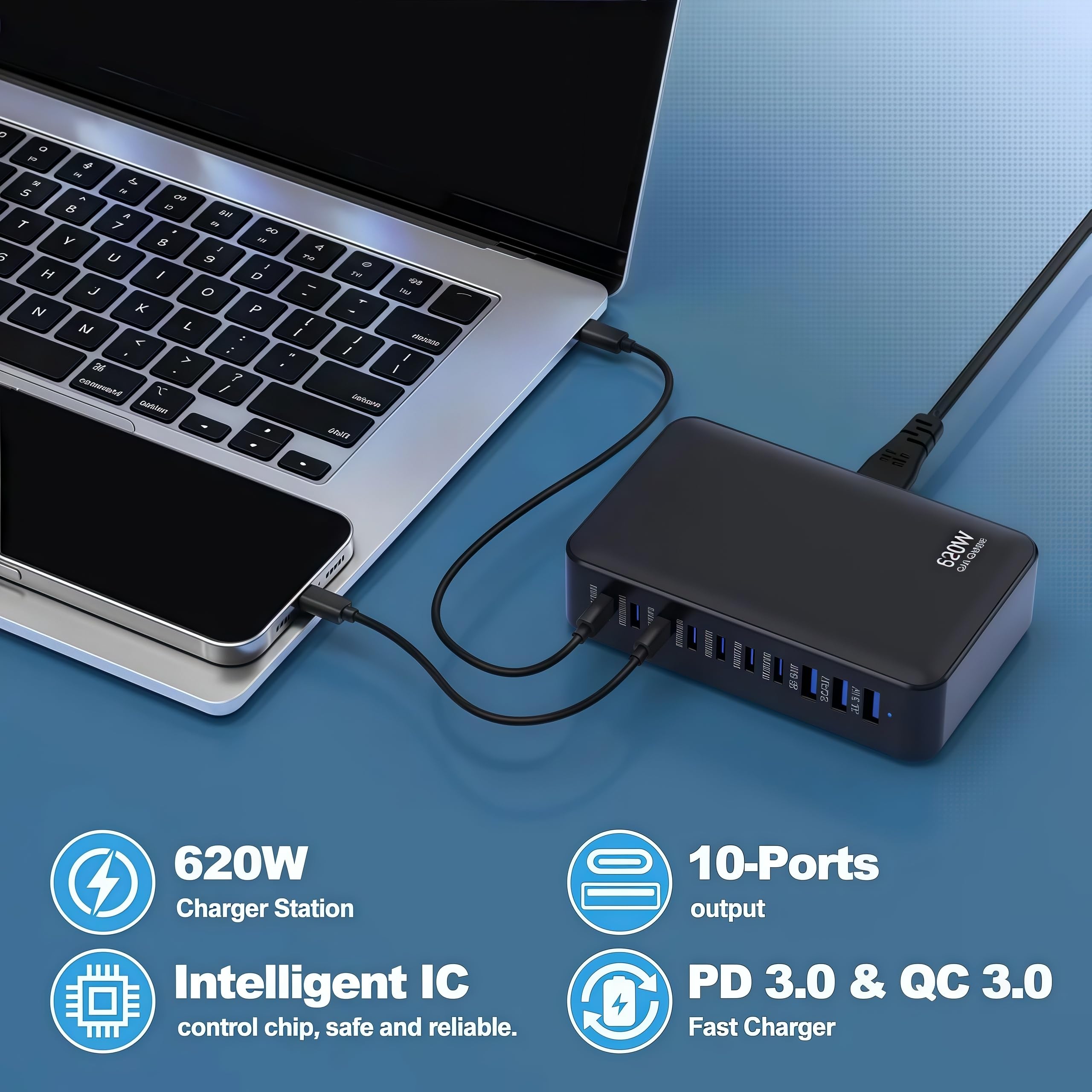 Chargeur USB C a 620 W 10 Ports USB Prise Adaptateur avec 3 Ports PD PPS 100 W et Multi PD 65 W Sortie Rapide, Multiprise USB-C Secteur pour iPad iPhone Samsung Red mi Note Google Pixel etc