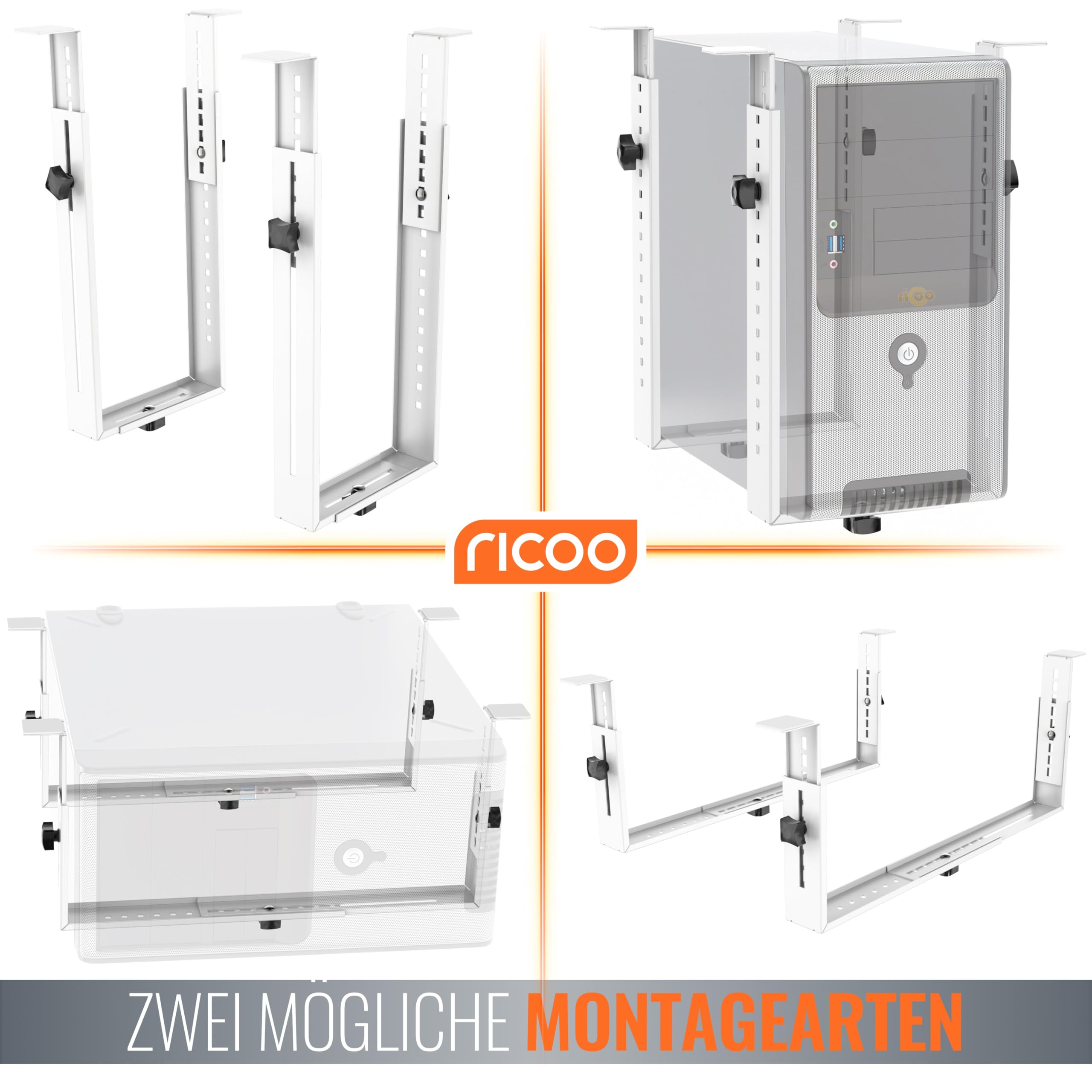 RICOO PC Halterung unter Schreibtisch TRH02-W Breiten- und höhenverstellbare Computerhalterung vertikale oder horizontale Untertisch Montage Tischhalterung für PC-Gehäuse bis 35 kg, Weiss