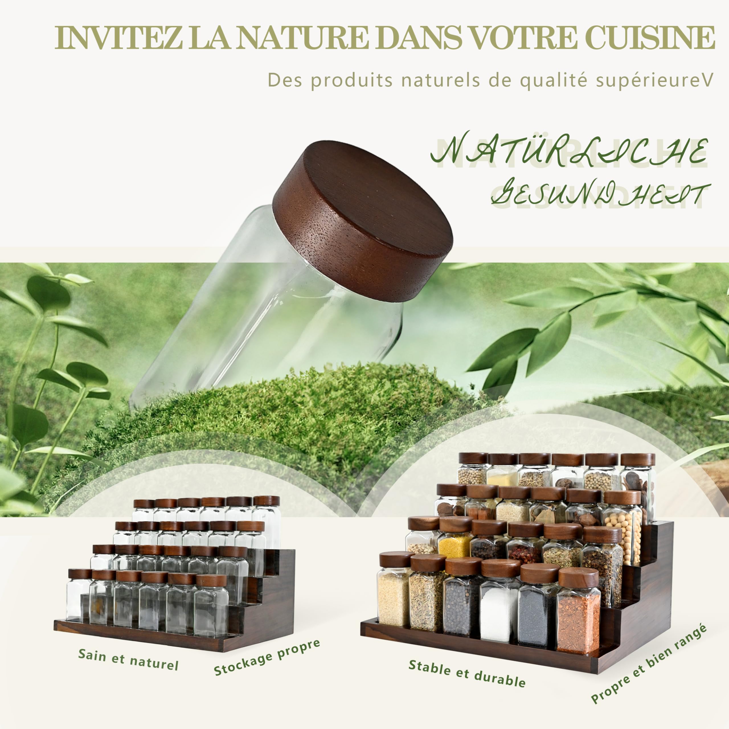 SAEIV 24 Pièces Pot à Épices Verre Couvercles Acacia, Bocaux Borosilicaté Sans BPA, Porte-Épices Hermétique, Étagère 4 Niveaux Acacia, Rangement Cuisine Gain de Place
