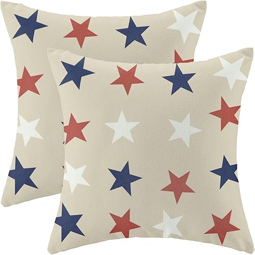 4th of July Throw Pillow Cover 20x20 Inch Set of 2, Blue Red White Stars Patriotic Decorative Outdoor Cushion Cover Independence Memorial Day Pillow Cases Linen Farmhouse for Sofa Couch Bed