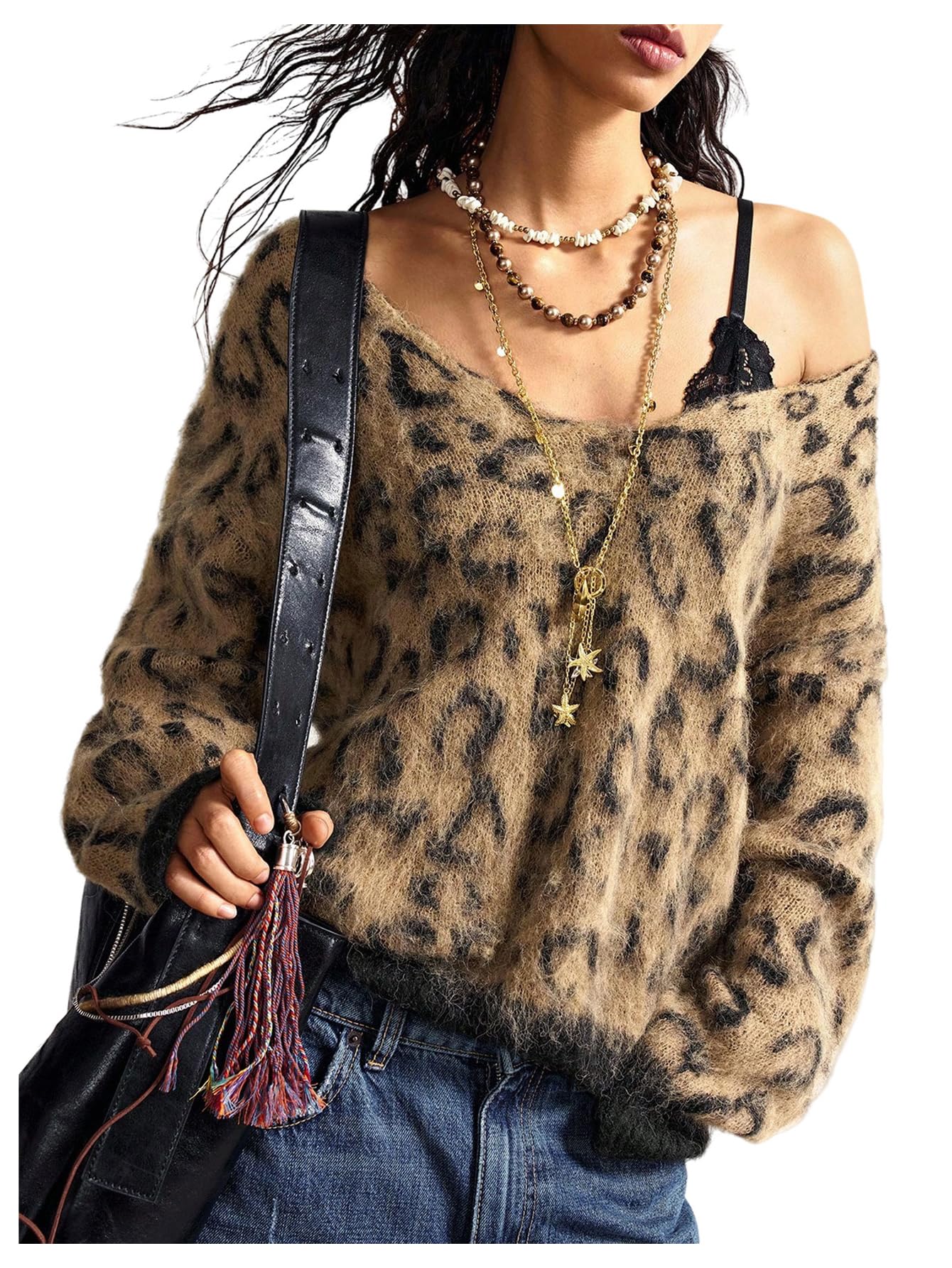 Floerns Womens Leopard Print Off The Shoulder Sweater Fall 2025 Trendy V Neck Loose Casual Long Sleeve Fuzzy