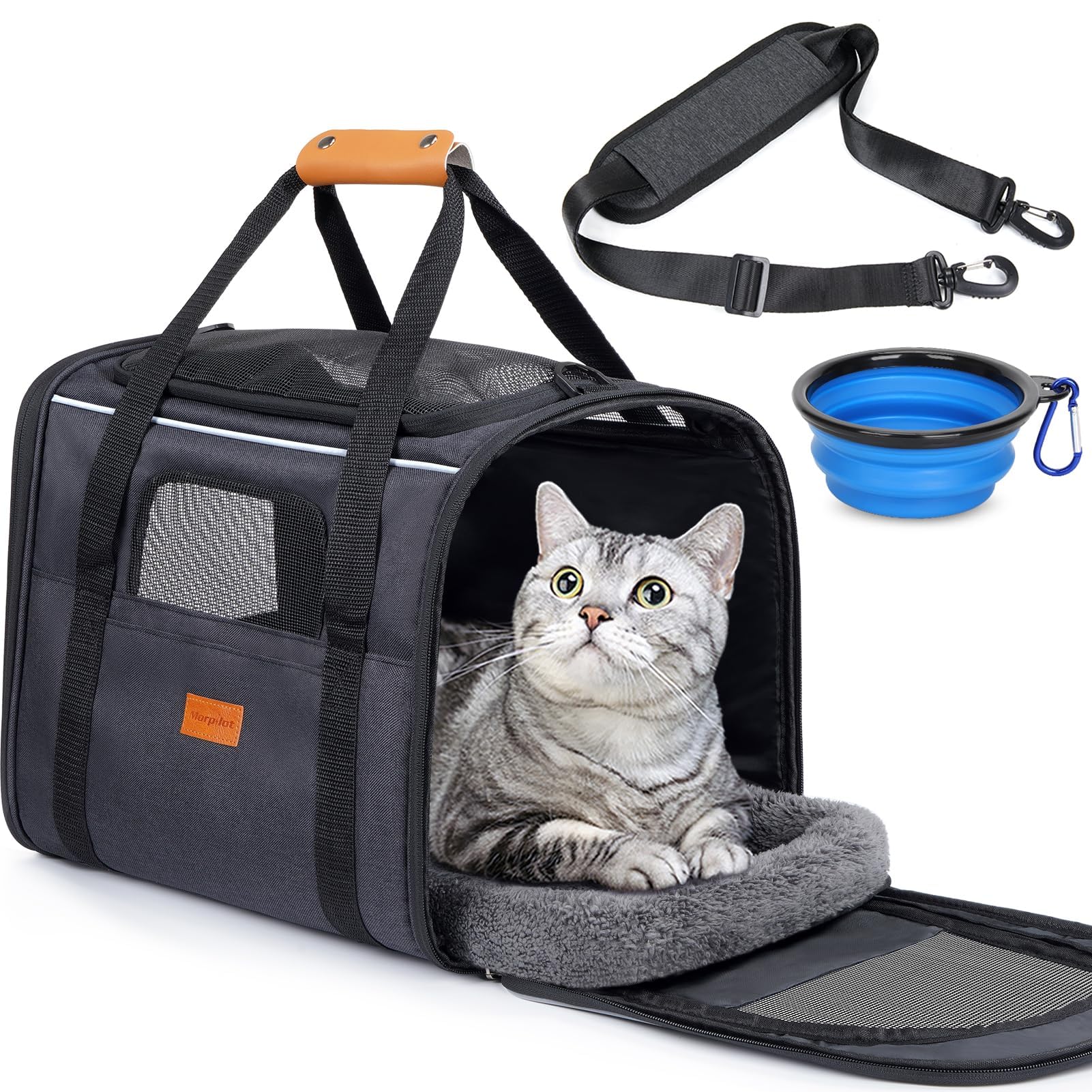 Morpilot Trasportino per gatti grandi e cuccioli fino a 7 kg, con cerniere di sicurezza, pieghevole, per il trasporto di gatti e cani, per andare al veterinario, 43.5x31x34cm, grigio scuro(M)