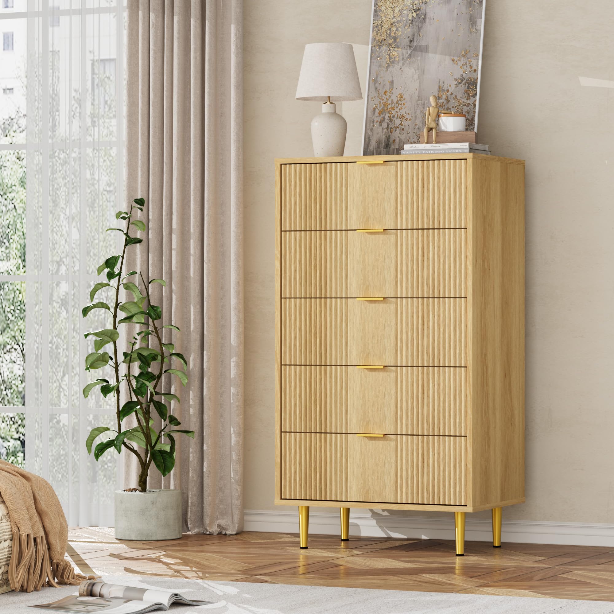 Garvee Kommode Mit 5 Schubladen, Komodenschrank, Schubladenschrank, Wäschekommode, Für Schlafzimmer Möbel Für Wohnzimmer Büro Flur,Eiche,60 x 40 x 112 cm
