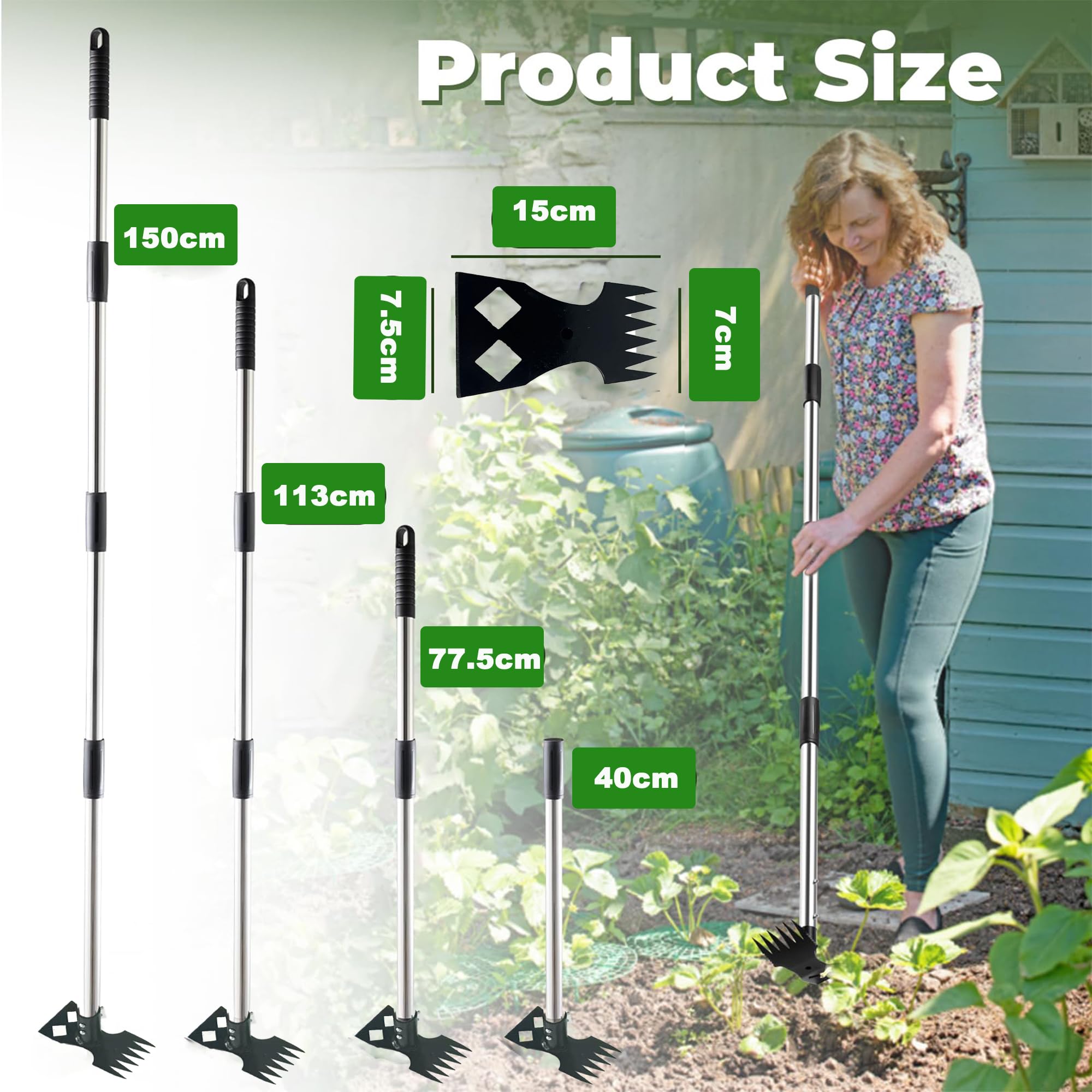 Estrattore di erbacce con manico lungo, manico staccabile da 148 cm, rastrello manuale 2 in 1 e zappa da giardino, resistente per dente di leone, cortile, prato, patio, giardino (nero)