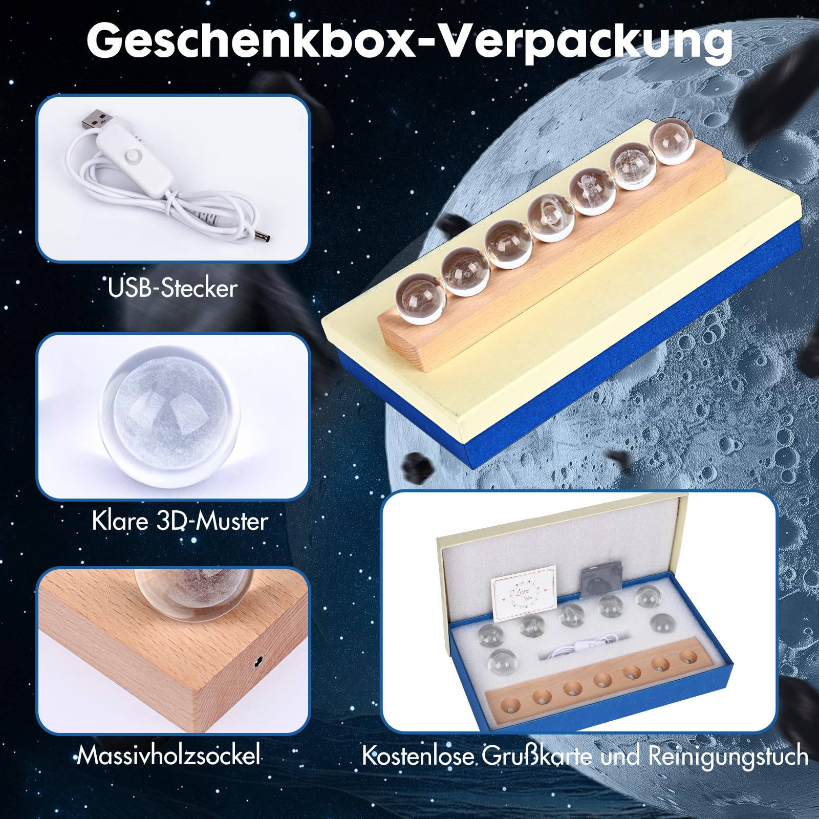 OXYEFEI Lámpara de planeta 3D, 7 patrones diferentes de bola de cristal, luz nocturna para decoración de habitaciones, bola de cristal de 40 mm con base de madera, regalo astronómico para madre, niños