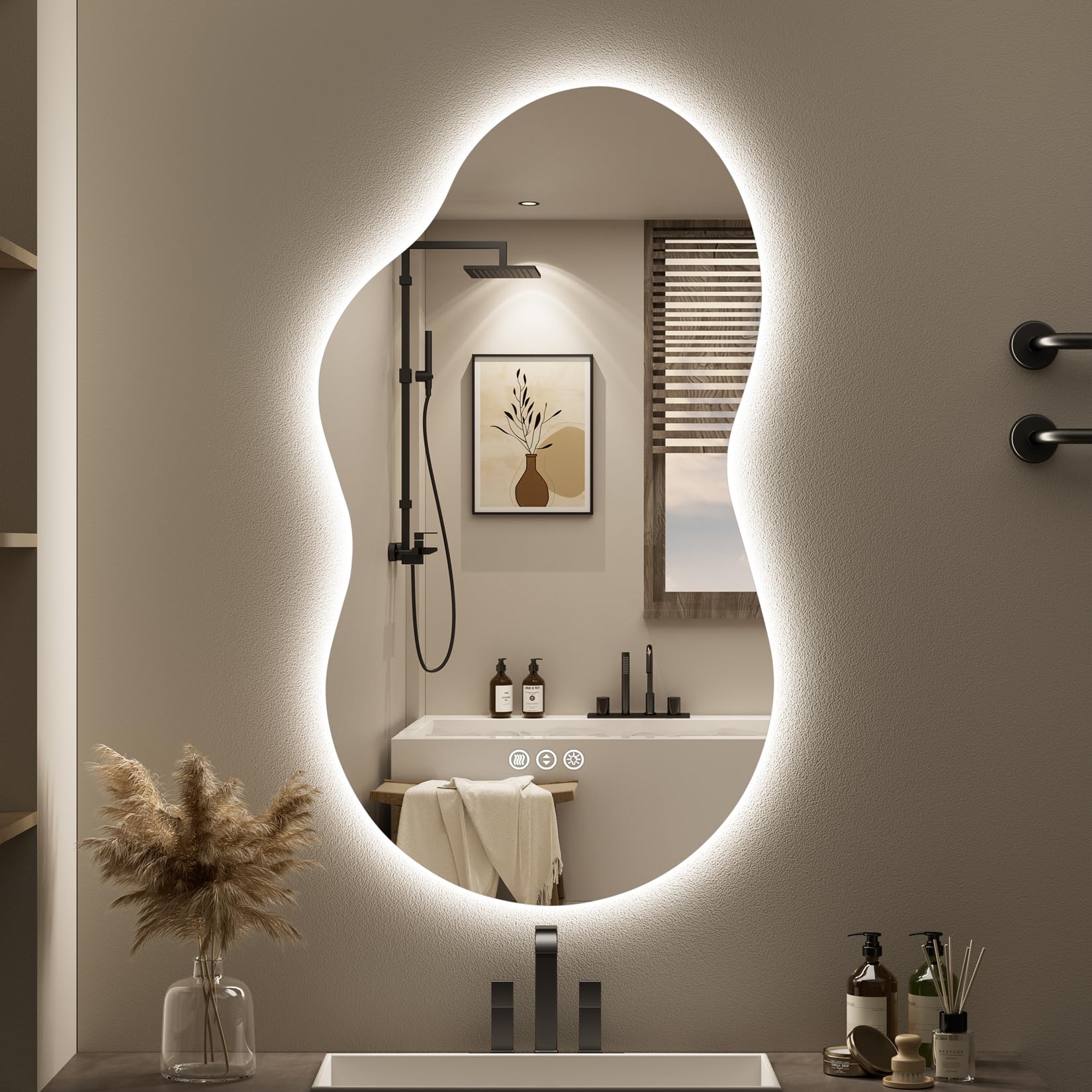 20x36 Inch Asymmetrical LED Bathroom Mirror with Lights, Backlit, Anti-Fog, Irregular Cloud Lighted Bathroom Vanity Mirror for Wall, Dimmable, 3 Colors, Memory, HD Tempered Glass
