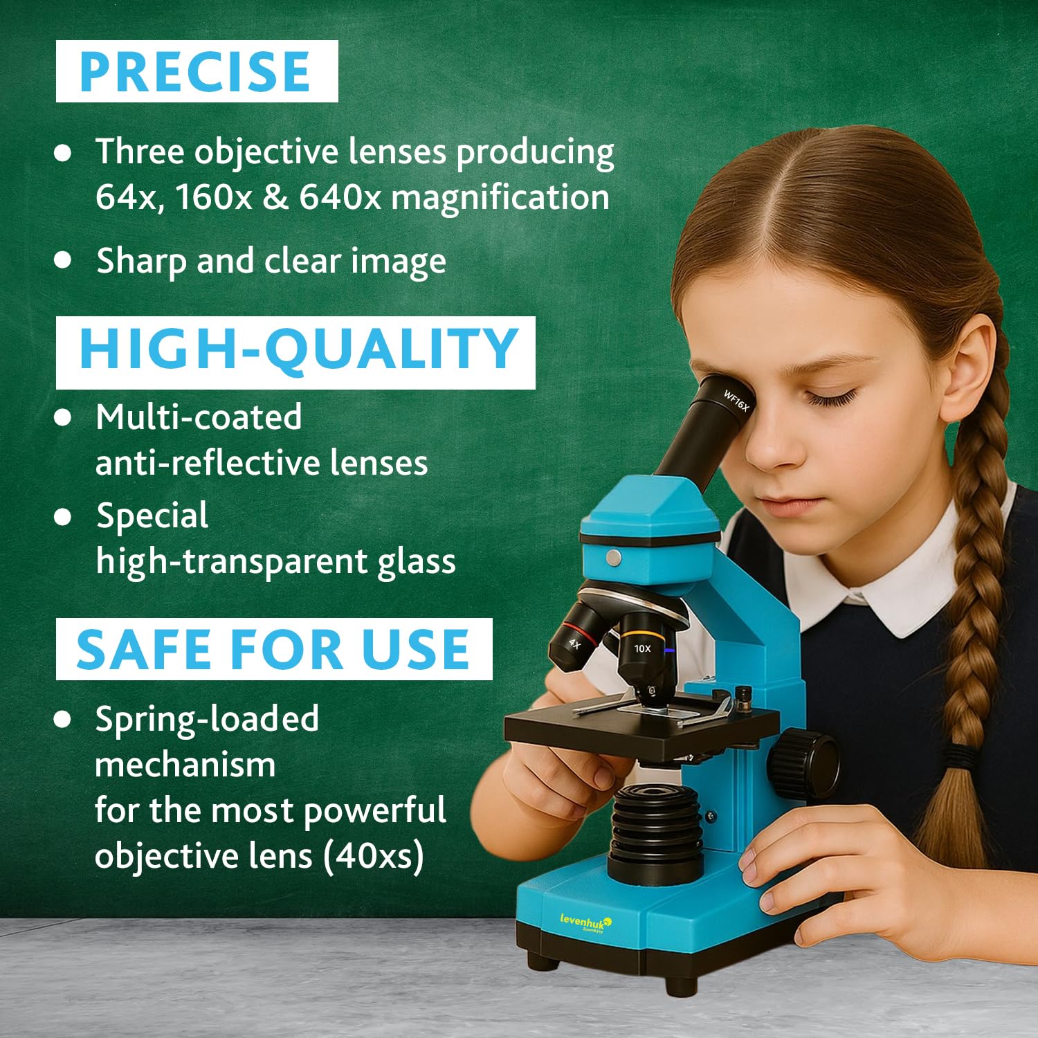 Levenhuk Rainbow 2L Plus Azure Kit Stem de Laboratorio Doméstico para Niños con Microscopio Portátil de 640x, Guía de Experimentos Ilustrada, Muestras Preparadas y Herramientas Científicas (EN)