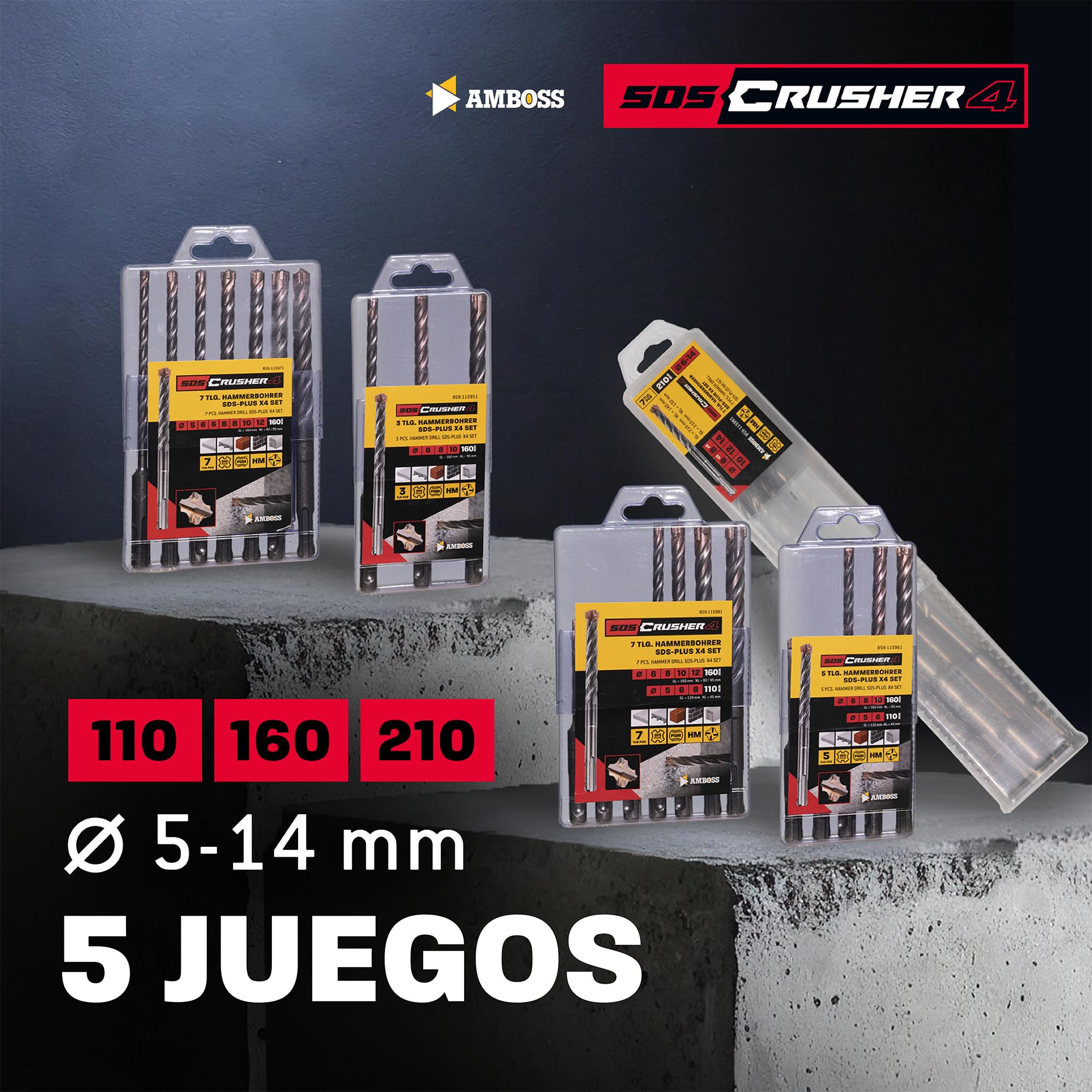 SDS Plus - Broca para martillo perforador, 4 unidades, PGM, diámetro 24,0 mm x 370 mm, herramientas AMBOSS SDS Crusher 4 - Broca HM para hormigón, carburo duro, broca profesional, 24,0 mm x 370 mm,