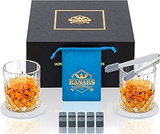 Whiskey Stone Gift Set for Men, KANARS Bourbon Glass and Stones Set with Gifts Box, 10 Granite Chilling Rocks and 2 Crystal Scotch Tumblers, Best Gifts for Fathers Day Dad Husband Party, 16-Piece
