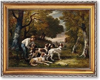 Vintage Framed Boy with Hunting Dogs Wall Art Canvas Print Oil Paintings Reproduction World Classics Rustic Painting Pictures Elegant Home Decor for Living Room Office (RetroFramed,12L x 16W)