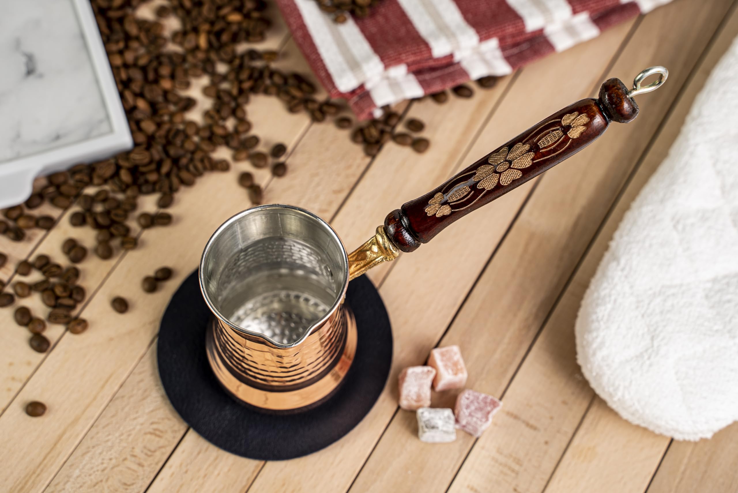 Turkish Copper Single Person Long Handle Coffee Maker 300 ml, Handmade Hammered Copper Pot