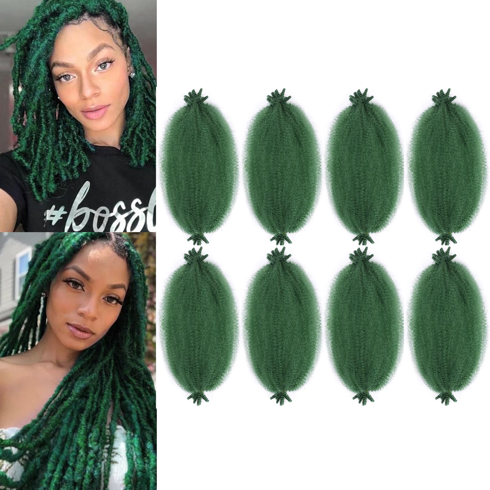 Springy Afro Twist Hair 16 Inch 8 Packs Marley Twist Braiding Hair Green Cuban Twist Soft Locs Spring Twist Crochet Hair for Afro Kinky Curly Hair(16