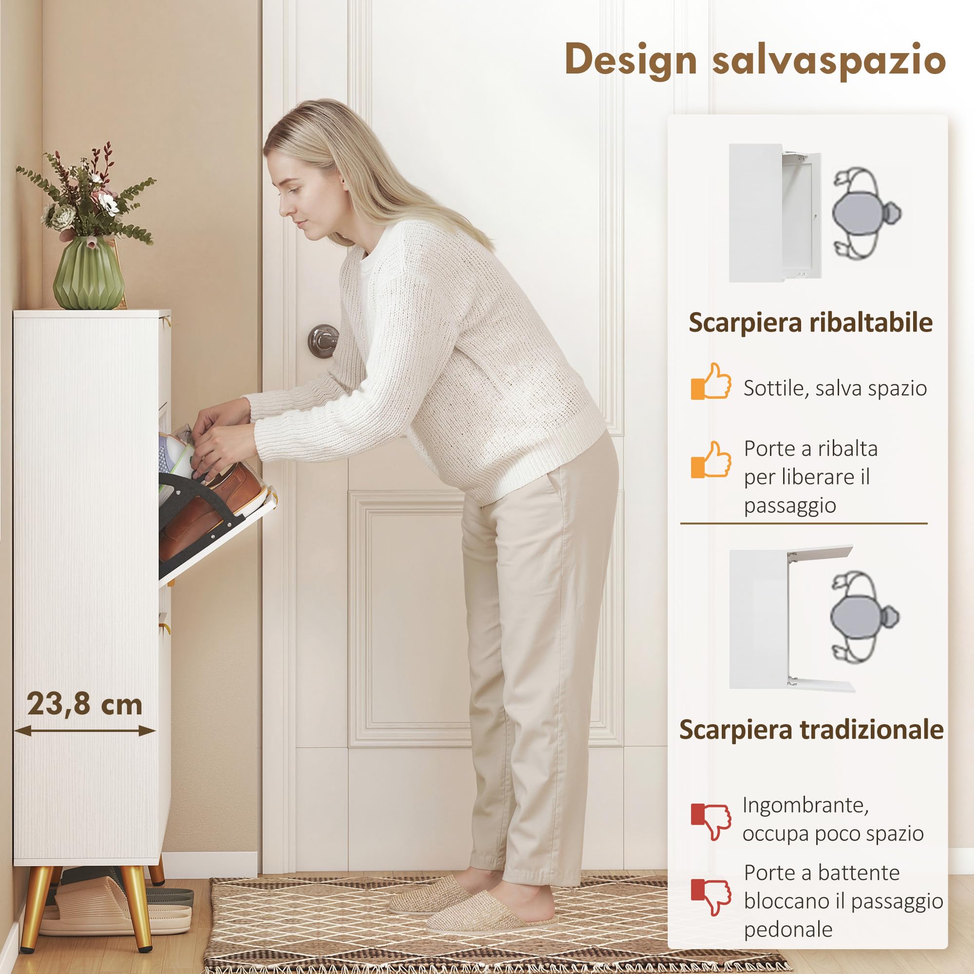 HOMCOM Scarpiera Salvaspazio Slim con Ante a Ribalta Effetto Pelle e Armadietto, Scarpiera Ingresso con Ripiani Regolabili, Base Rialzata, Porta Scarpe per 12 Paia con Maniglia, Bianco