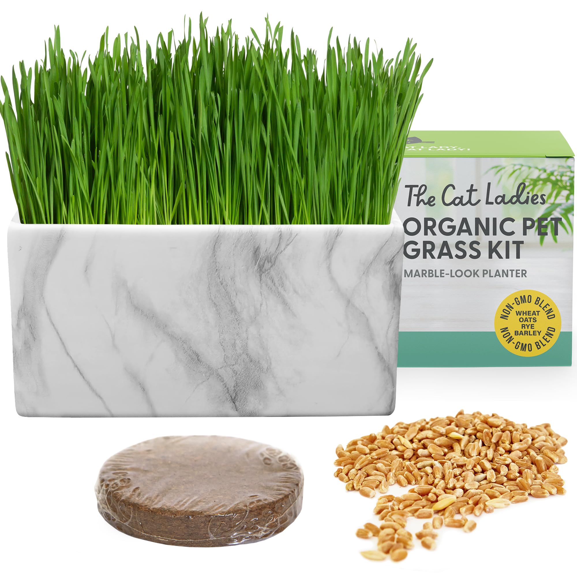 The Cat LadiesCat Grass for Indoor Cats, Cat Grass Growing Kit with Organic Cat Grass Seed Mix, Soil and Ceramic Marble Planter, Pet Grass for Cats, Natural Hairball Remedy, Gift for Cats