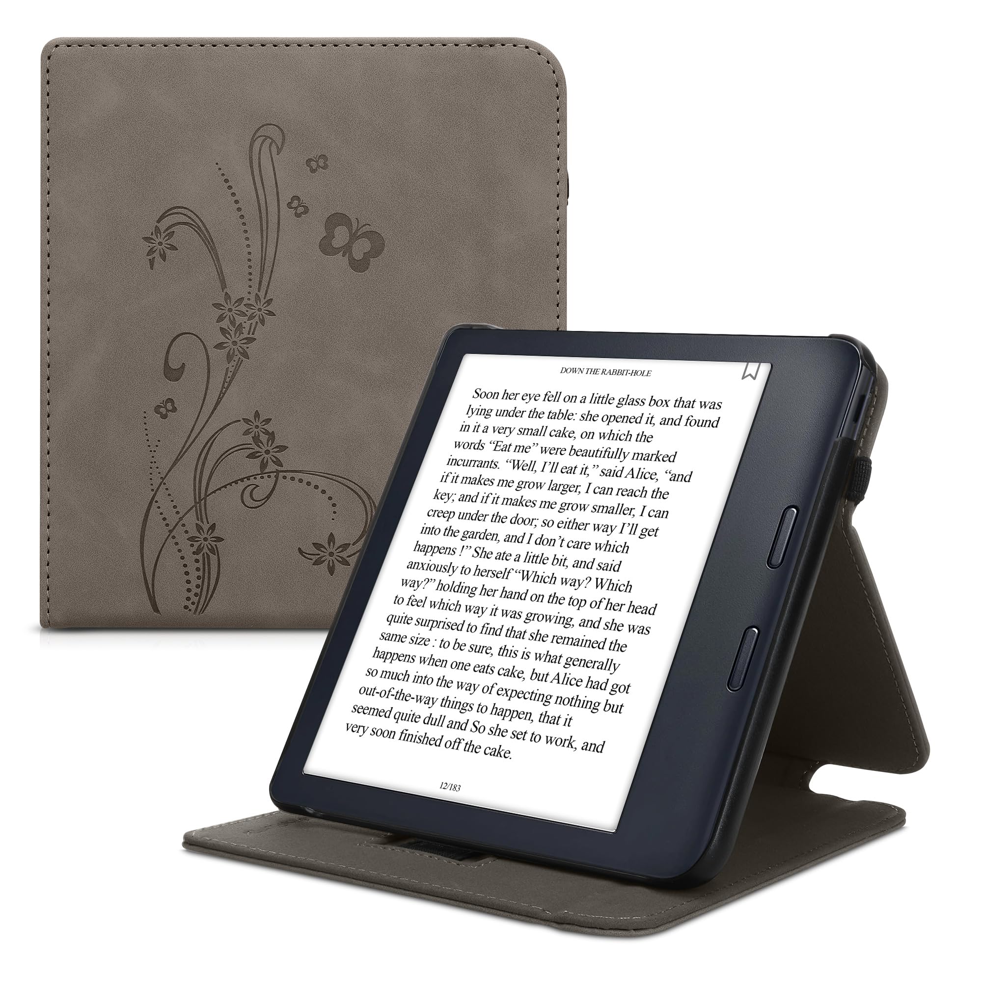 kwmobile Cover Compatible with Kobo Libra Colour - Faux Nubuck Leather e-Reader Case with Built-in Hand Strap and Stand - Butterfly Tendril Grey
