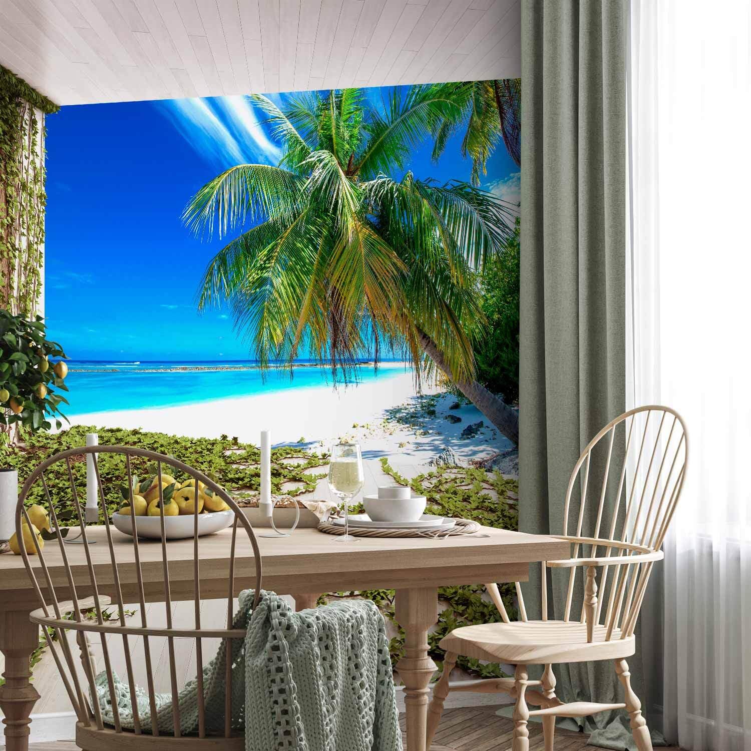 decomonkey Fotomural autoadhesivo Playa Mar Efecto 3D Palmeras 343x256 cm