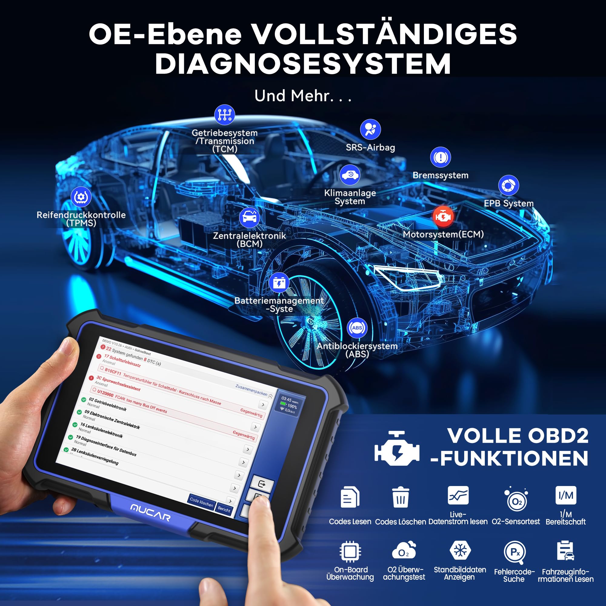 OBD2 Diagnosegerät, MUCAR VO8 Diagnosegerät Auto Mit 34+ Reset-Funktion & Alle Systemdiagnosen, Auto Diagnosegerät Für ECU-Kodierung/BI Direktionale Steuerung, Kostenlose Lebenslange Updates