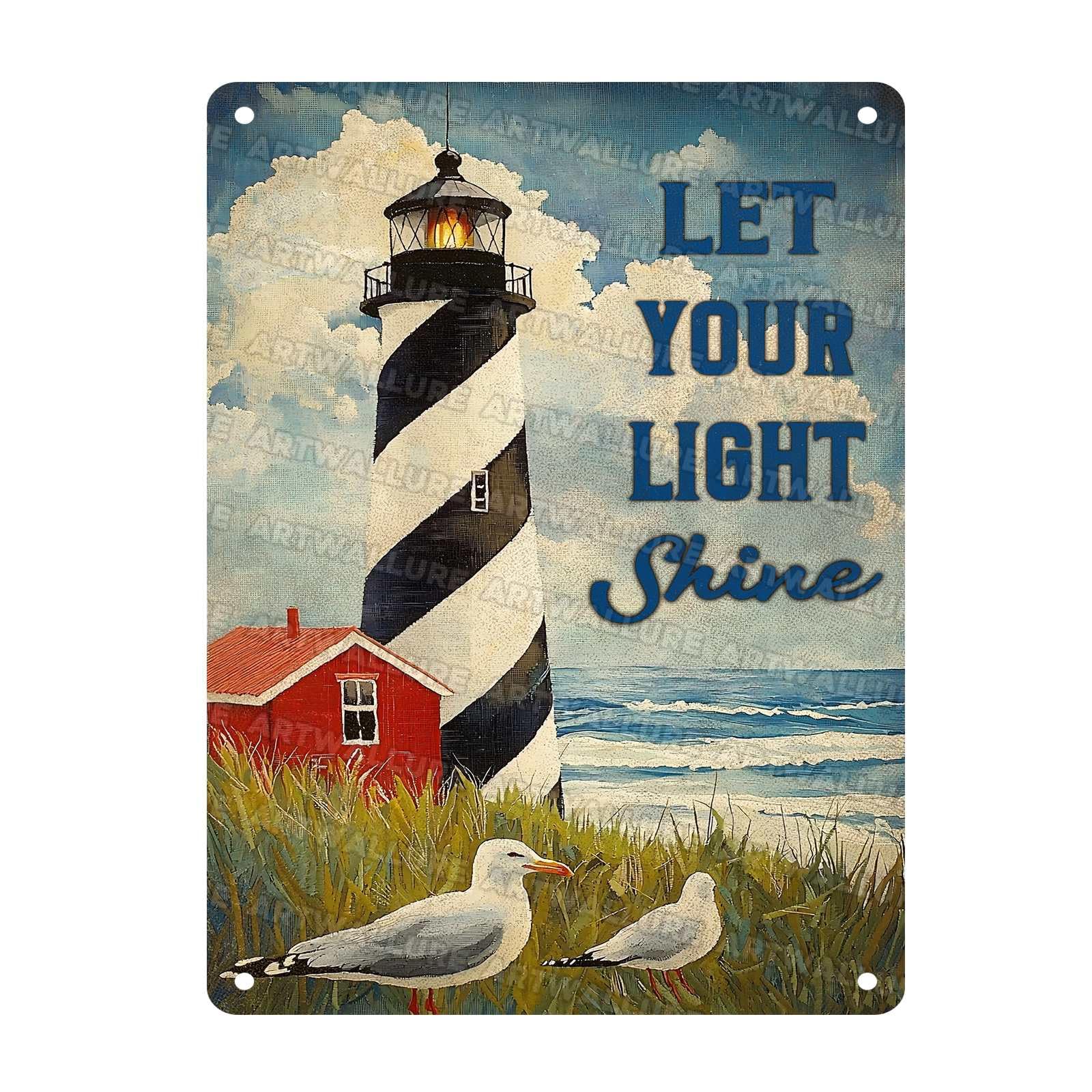 Vintage Lighthouse Metal Tin Sign Let Your Light Shine Summer Beach Coastal Funny Sign for Cafes Bar Pub Beer Club Wall Home Decor 12x16Inch