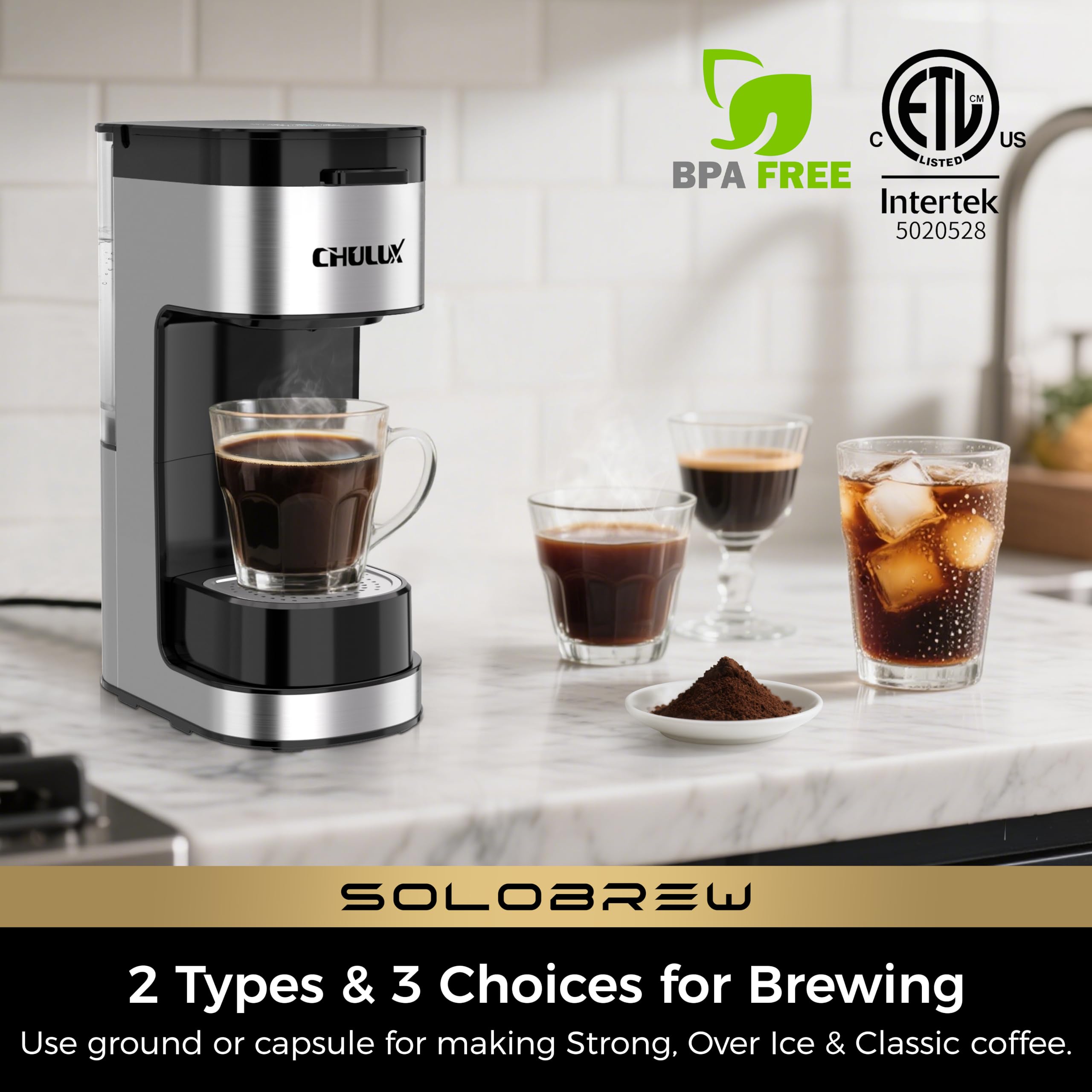 CHULUX SoloBrew Single Serve Coffee Maker, for K Cup and Ground, 3 Brew Sizes with Strong Button & Over Ice Feature, 14oz Removable Reservoir, for Home, Travel, RV, Office and Dorm - 3