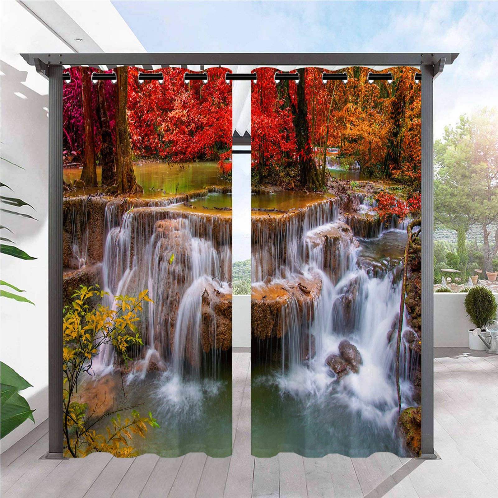 ANHOPE Outdoor Curtains Waterproof Eyelet Ring Top Drapes Autumn Nature Forest Waterfall Stream Print Pattern Privacy Outside Curtains for Patio Gazebo Pergola Porch Pool Door 2 Panels 52 x 108 Inch — image 1