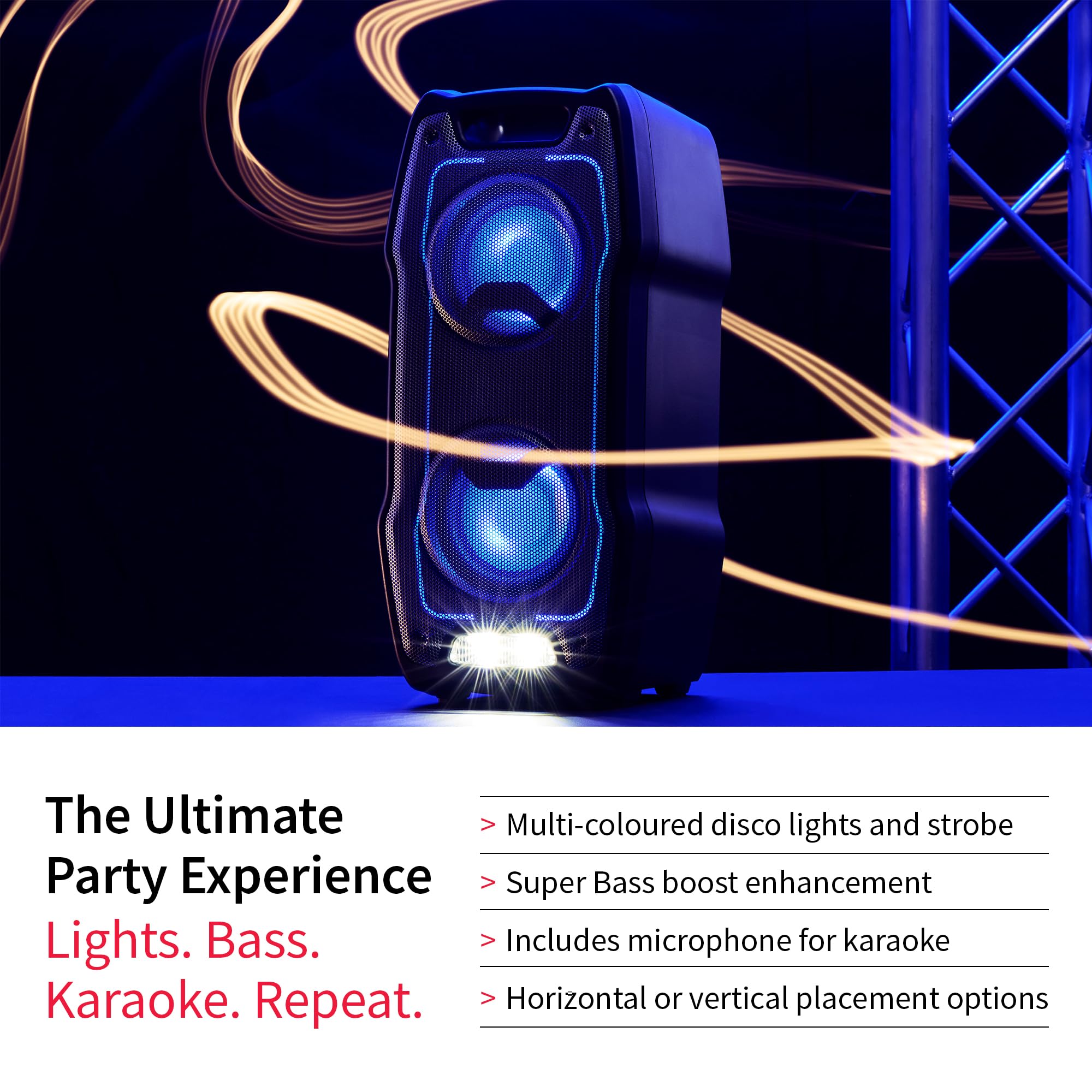 Sharp PS-931 Party Speaker, microfono, TWS, Bluetooth, 2xUSB, 2 porte da 6,3 mm per microfono e chitarra, luci multicolori, 180W P.maxima, batteria litio integrata con fino a 13 ore di riproduzione