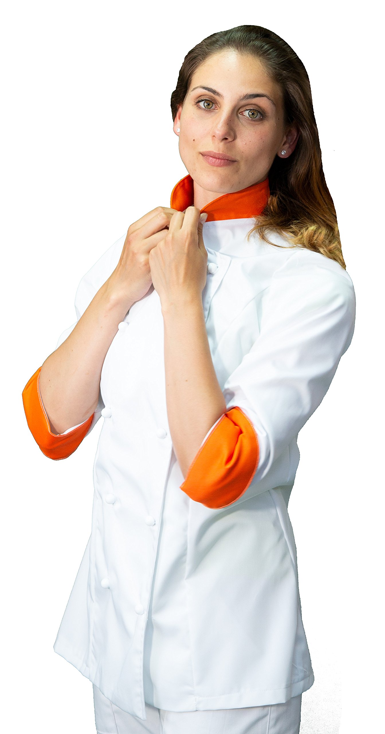 Ricamo Gratuito - Completo Cuoco da Cucina - Bianco e Arancione - Divisa Chef Donna - Pantalone, Giacca e Grembiule - Made in Italy