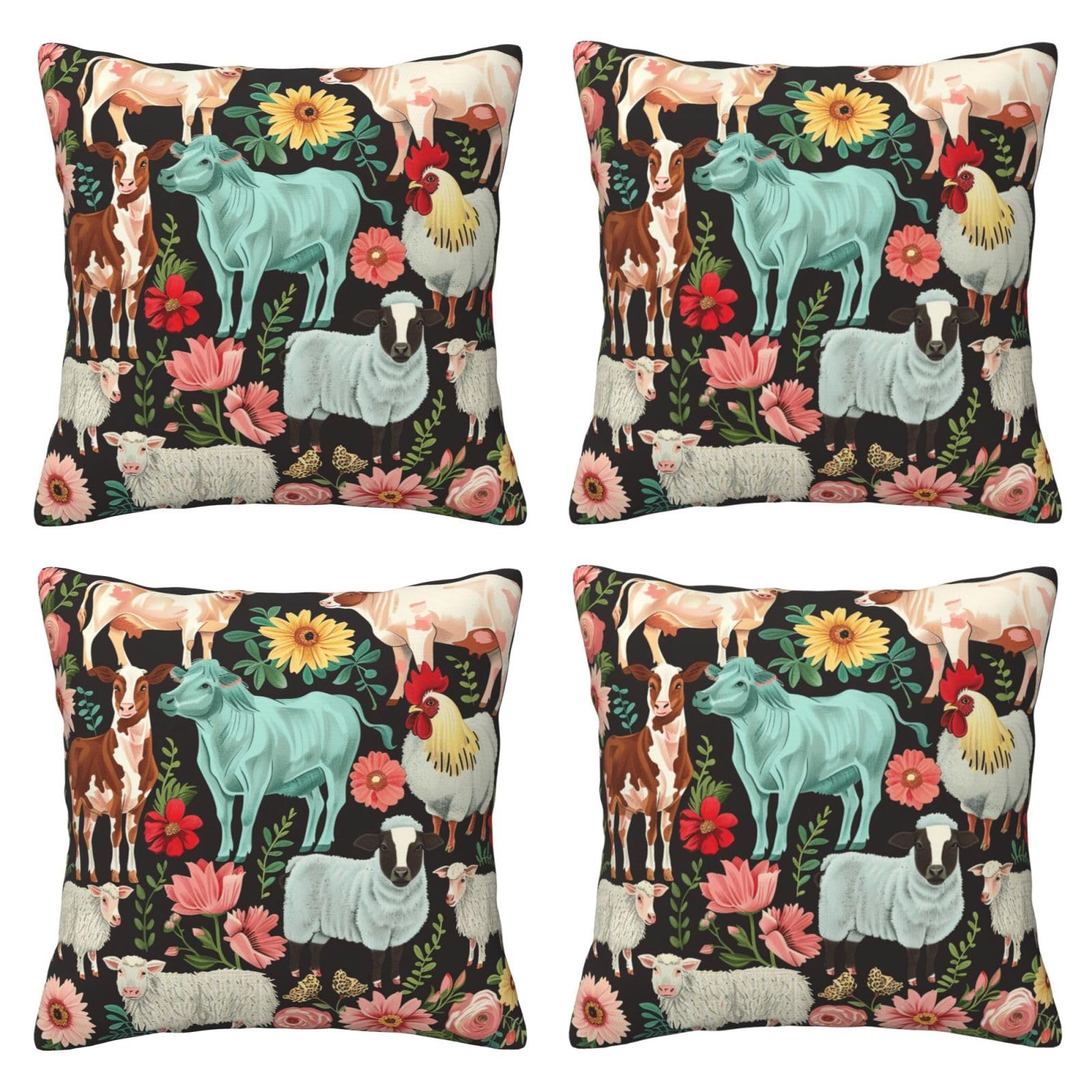 Farm Animal Throw Pillow Cases 4 Pack Square Pillowcases Super Soft Pillow Protectors With Zipper for Couch Livingroom Sofa Bed Office Car,30x30 CM
