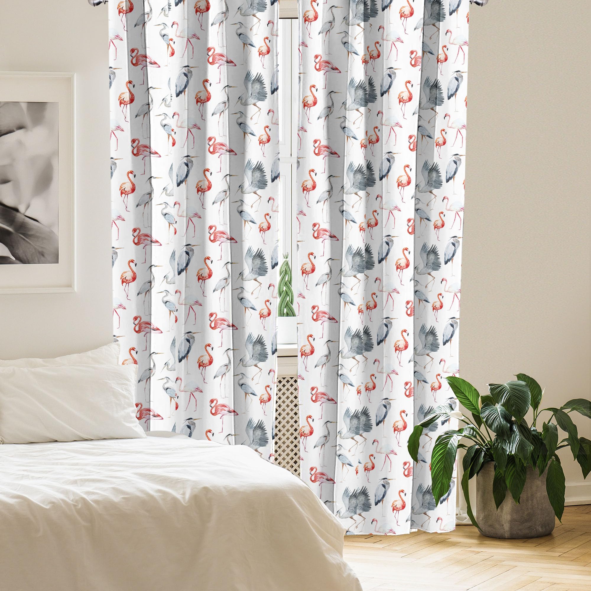 ABAKUHAUS Zasłony z flamingiem, firany, czaple, ptaki, akwarela, zabiegi okienne do salonu, sypialni, 2 sztuki, 75 cm szer. x 245 cm, kolor szary, kolor biały