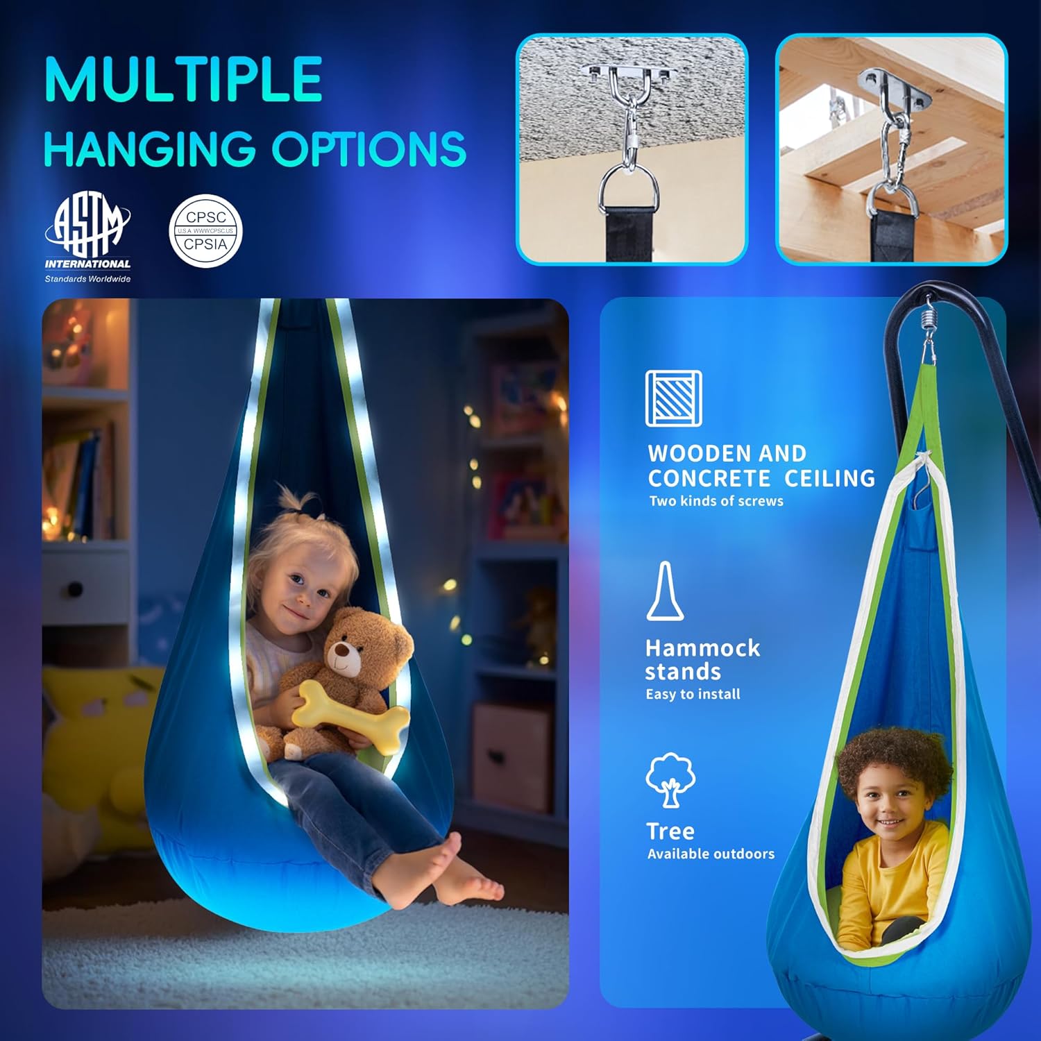 OUTREE Light Up Pod Swing Seat, Sensory Swing with LED Light, Cotton Kids Chair for Indoor and Outdoor, Hammock Chair Easy to Install, Blue 4 81 gJkLMLjL. AC SL1500