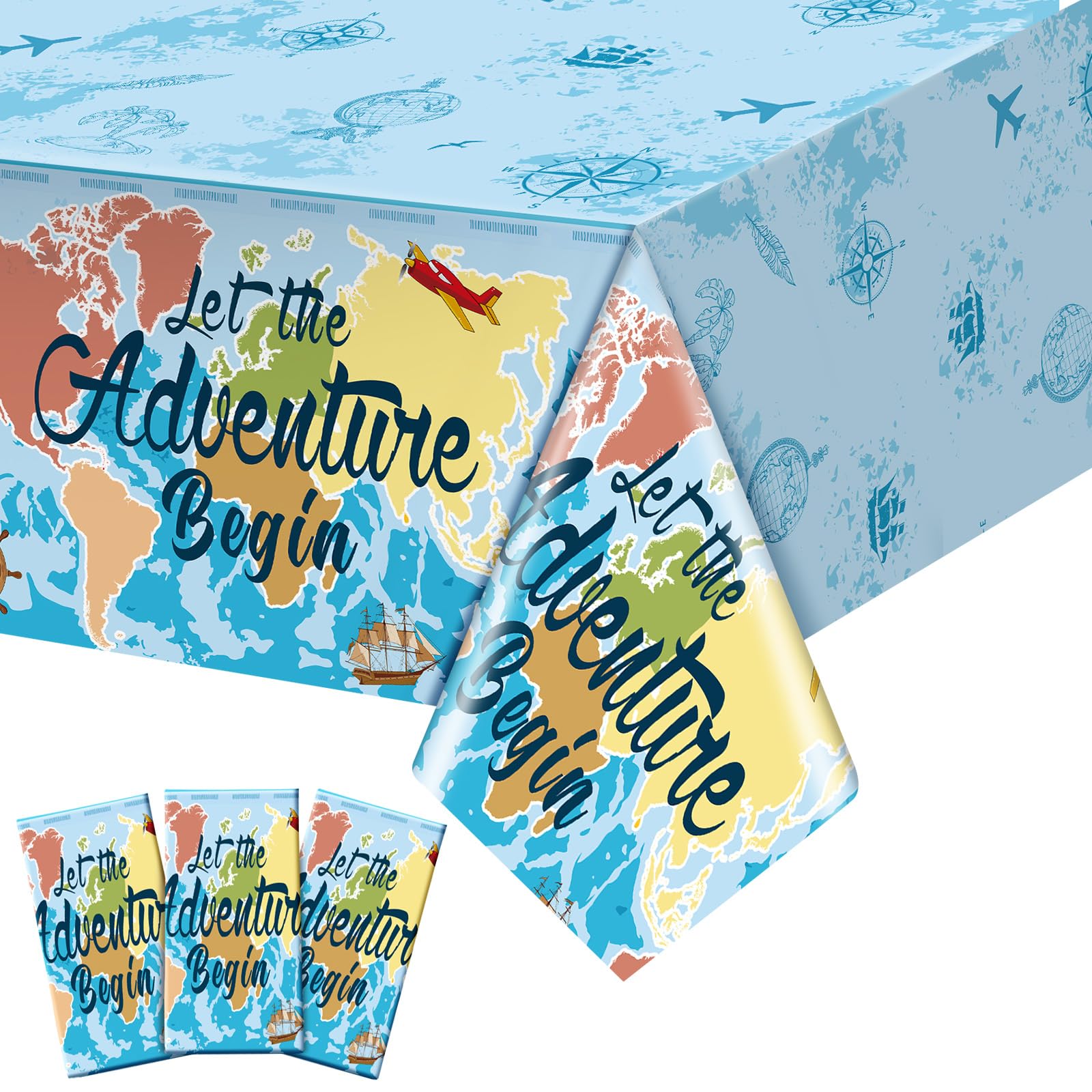 Frienda 3 Pcs Adventure Awaits Tablecloth Travel Party Decorations Bon Voyage World Map Table Cloth Plastic Disposable Table Cover for Baby Shower Birthday Party Supplies, 108 x 54 Inch (Blue)