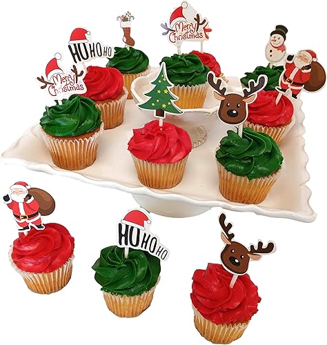 Púas de decoración de cupcakes temáticos navideños, suministros de decoración culinaria de Navidad, paquete de fiesta de 48 piezas